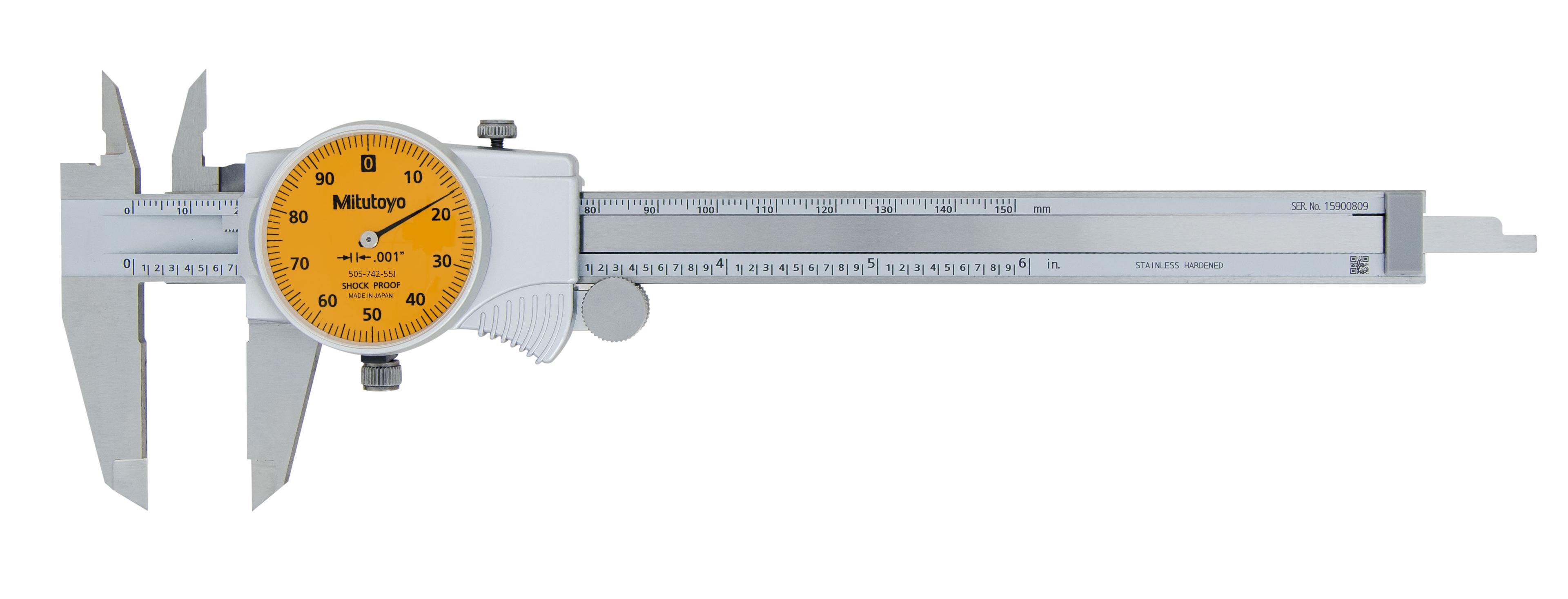 Mitutoyo, 505-742-55J, 0-6 In, .001 In Dial Caliper, .1 In/Revolution, Orange Face