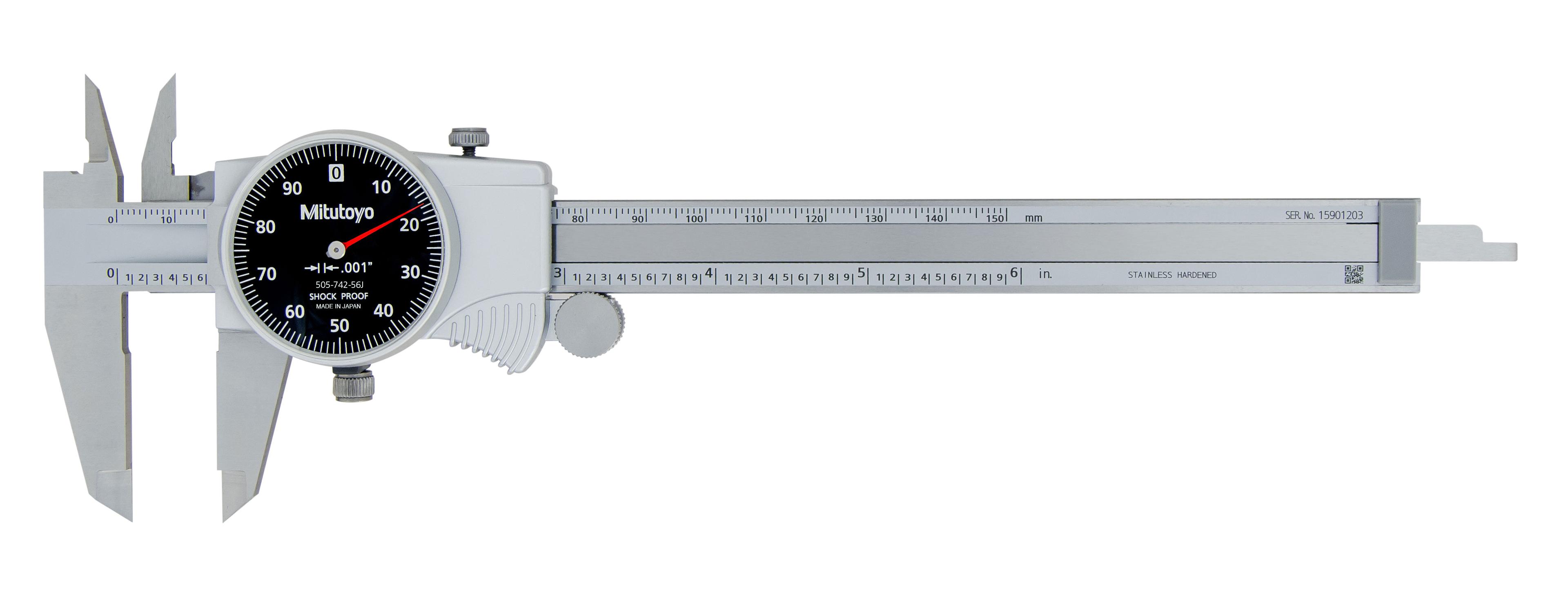 Mitutoyo, 505-742-56J, 0-6 In, .001 In Dial Caliper, .1 In/Revolution, Black Face