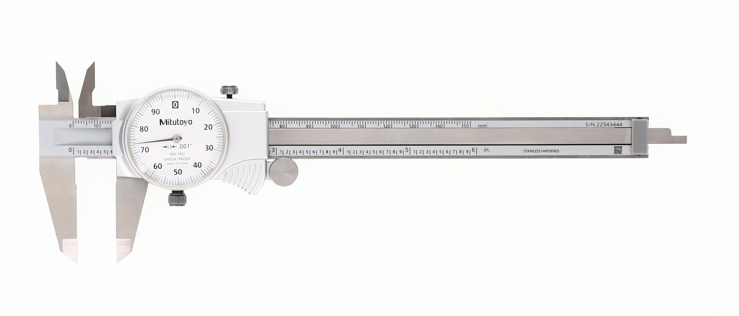 Mitutoyo, 505-742J, 0-6 In, .001 In Dial Caliper, .1 In/Revolution, White Face