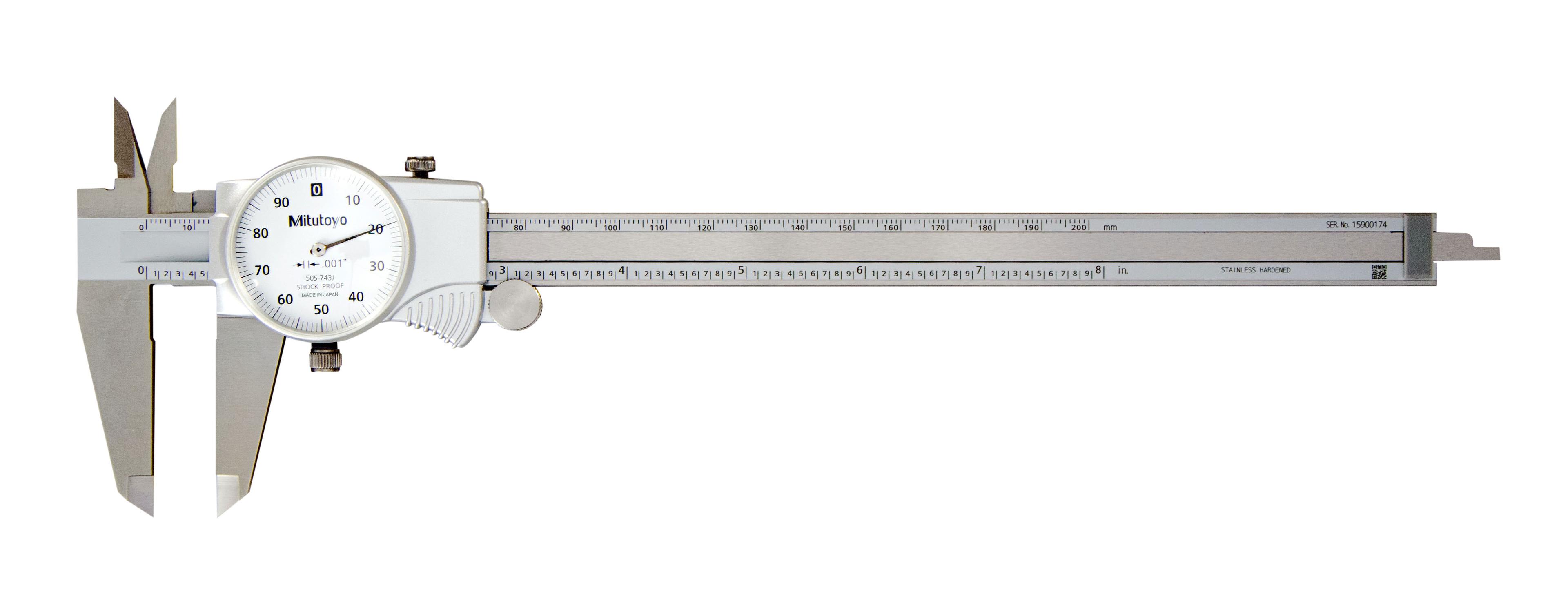 Mitutoyo, 505-743J, 0-8 In, .001 In Dial Caliper, .1 In/Revolution