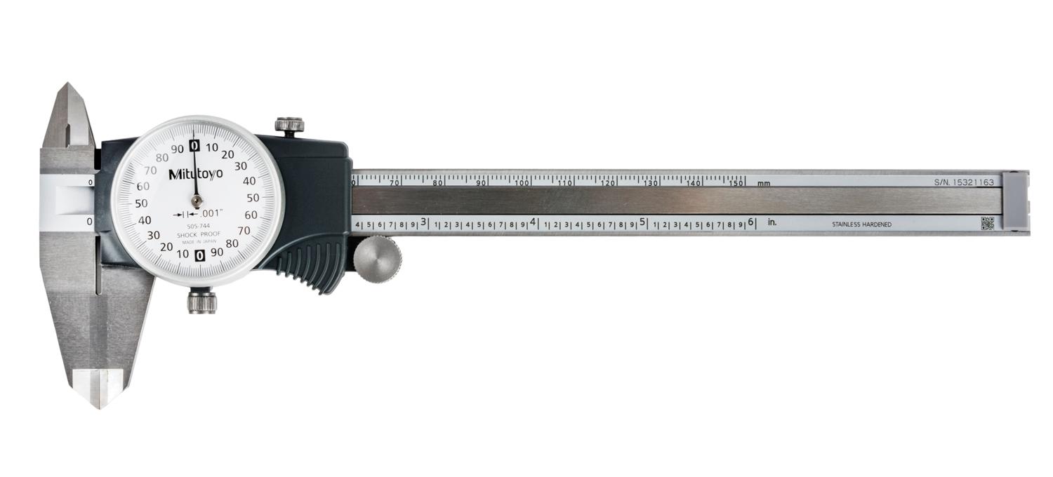 Mitutoyo, 505-744, 0-6 In, .001 In Dial Caliper, .2 In/Revolution, Carbide OD Jaws