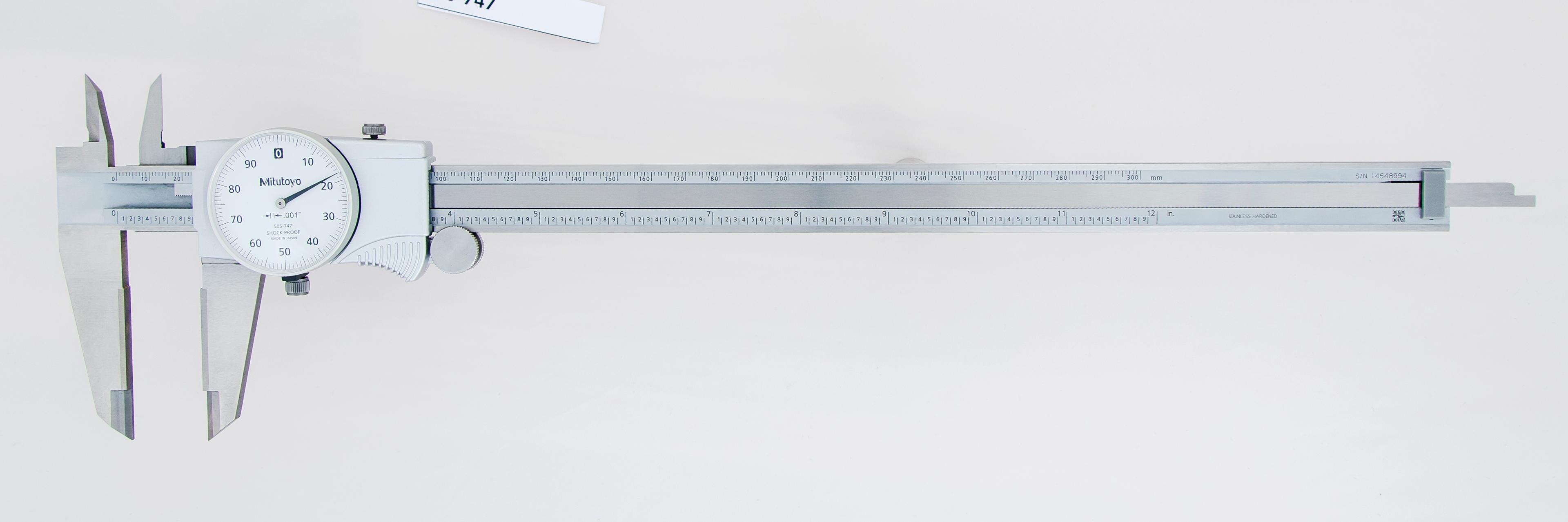 Mitutoyo, 505-747, 0-12 In, .001 In Dial Caliper, .1 In/Revolution, White Face, Carbide OD