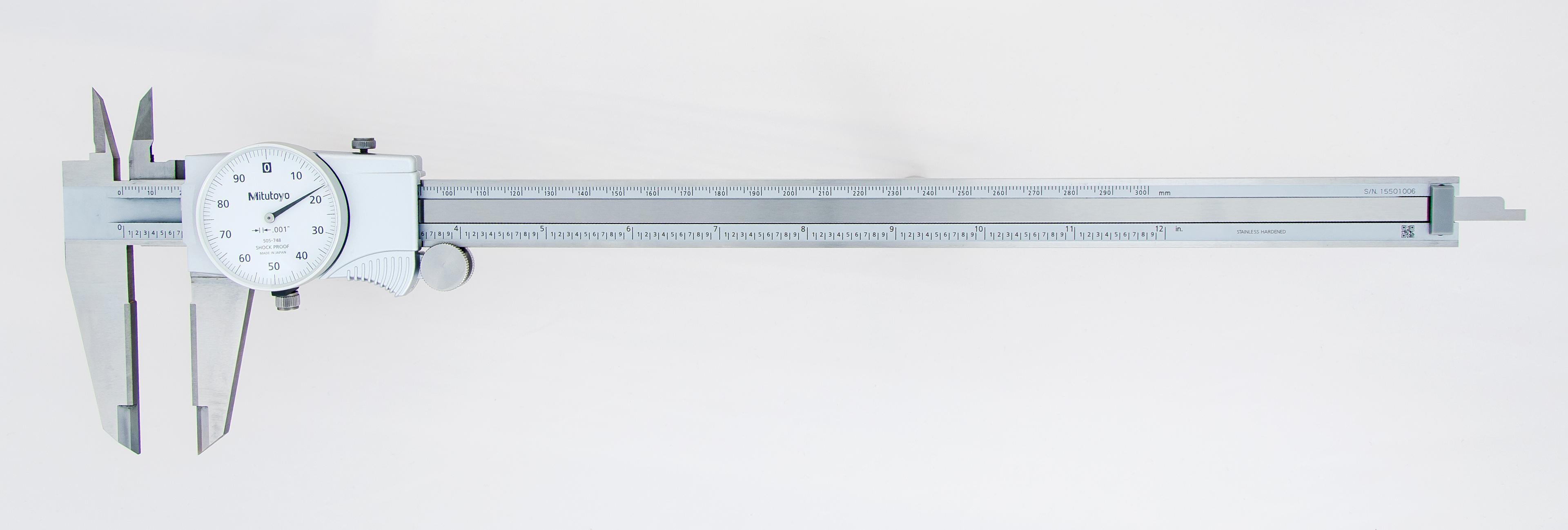 Mitutoyo, 505-748, 0-12 In, .001 In Dial Caliper, .1 In/Revolution, White Face, Carbide OD/ID Jaws
