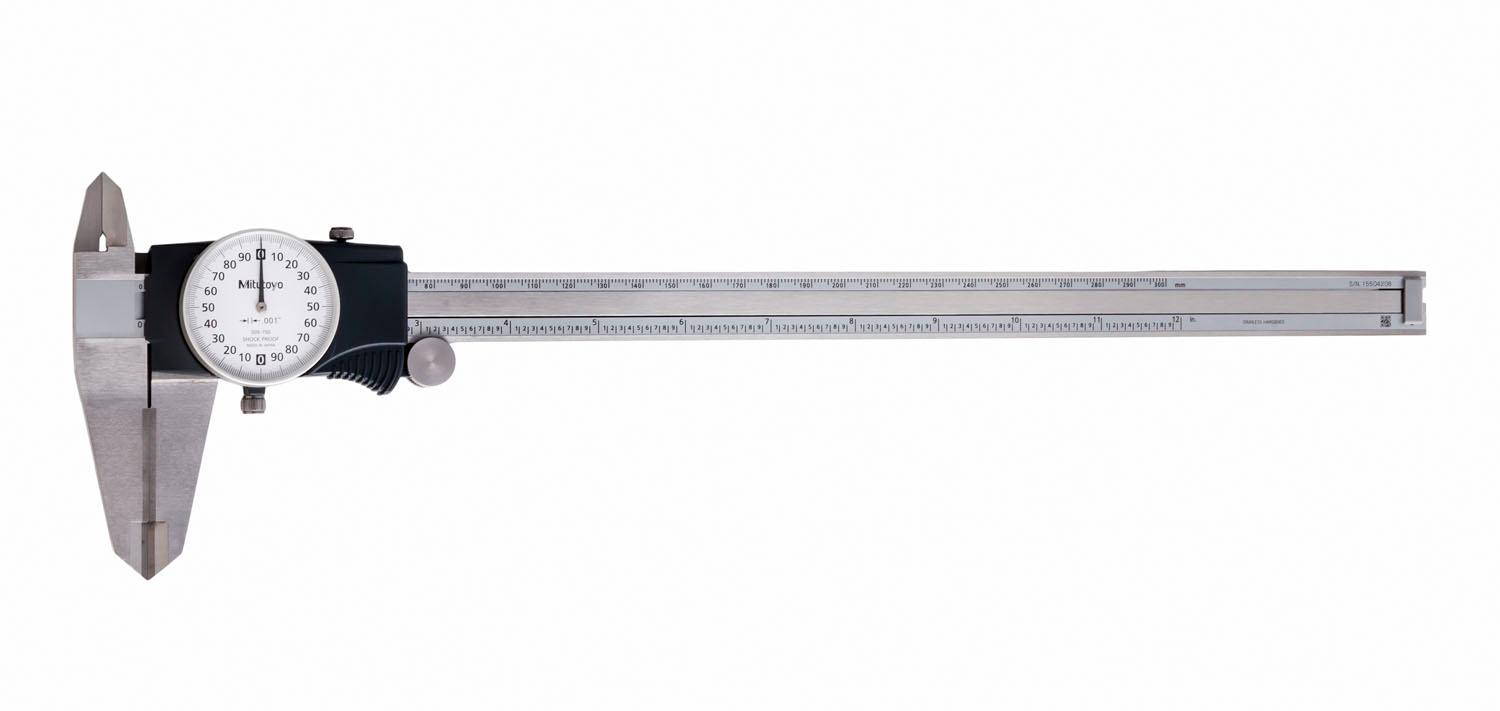Mitutoyo, 505-750, DIAL CALIPER,CARBIDE TIPPED JAWS FOR OD MEASUREMENT, .2 In/REV, 0-12 In, .001 In