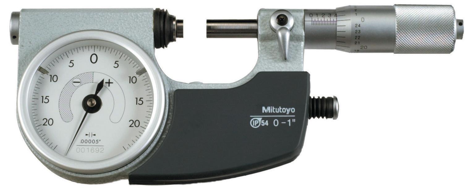 Mitutoyo, 510-131, 0-1 In, .00005 In, Dial Indicating Micrometer, Carbide Steel Tip, With Retractable Anvil Button