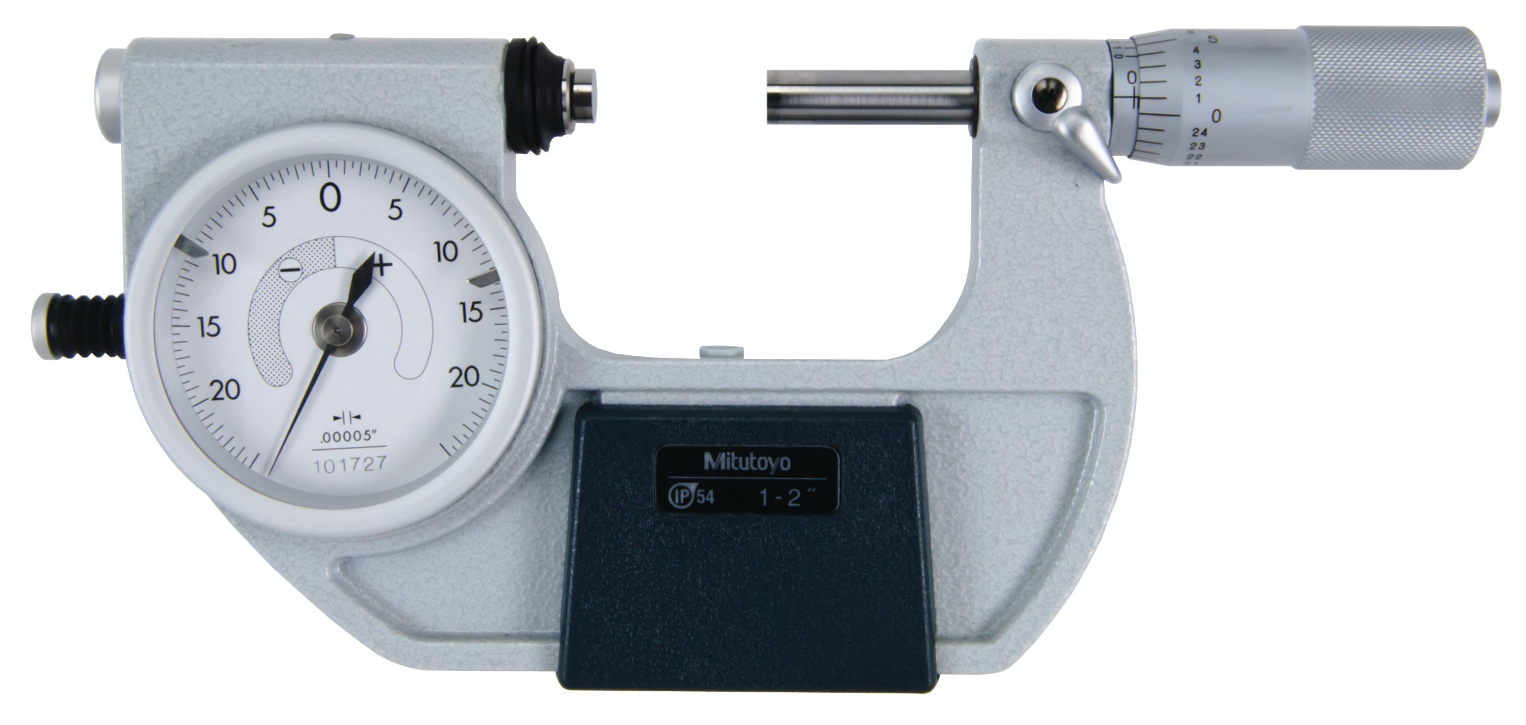 Mitutoyo, 510-132, 1-2 In, .00005 In, Dial Indicating Micrometer, Carbide Steel Tip, With Standard