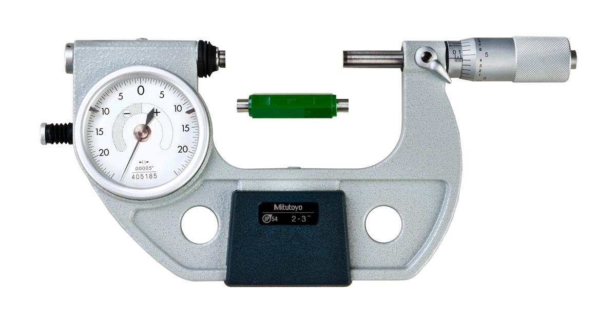 Mitutoyo, 510-133, 2-3 In, .00005 In, Dial Indicating Micrometer, Carbide Steel Tip, With Standard