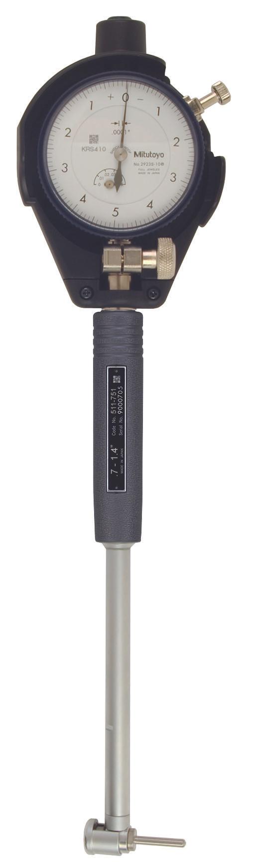 Mitutoyo, 511-751-20, .7-1.4 In Dial Bore Gage w/2923SB-10 dial indicator, .0001 In graduation