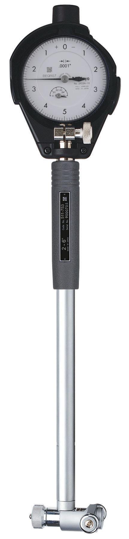 Mitutoyo, 511-753-20, 2-6 In Dial Bore Gage w/2923SB-10 dial indicator, .0001 In graduation