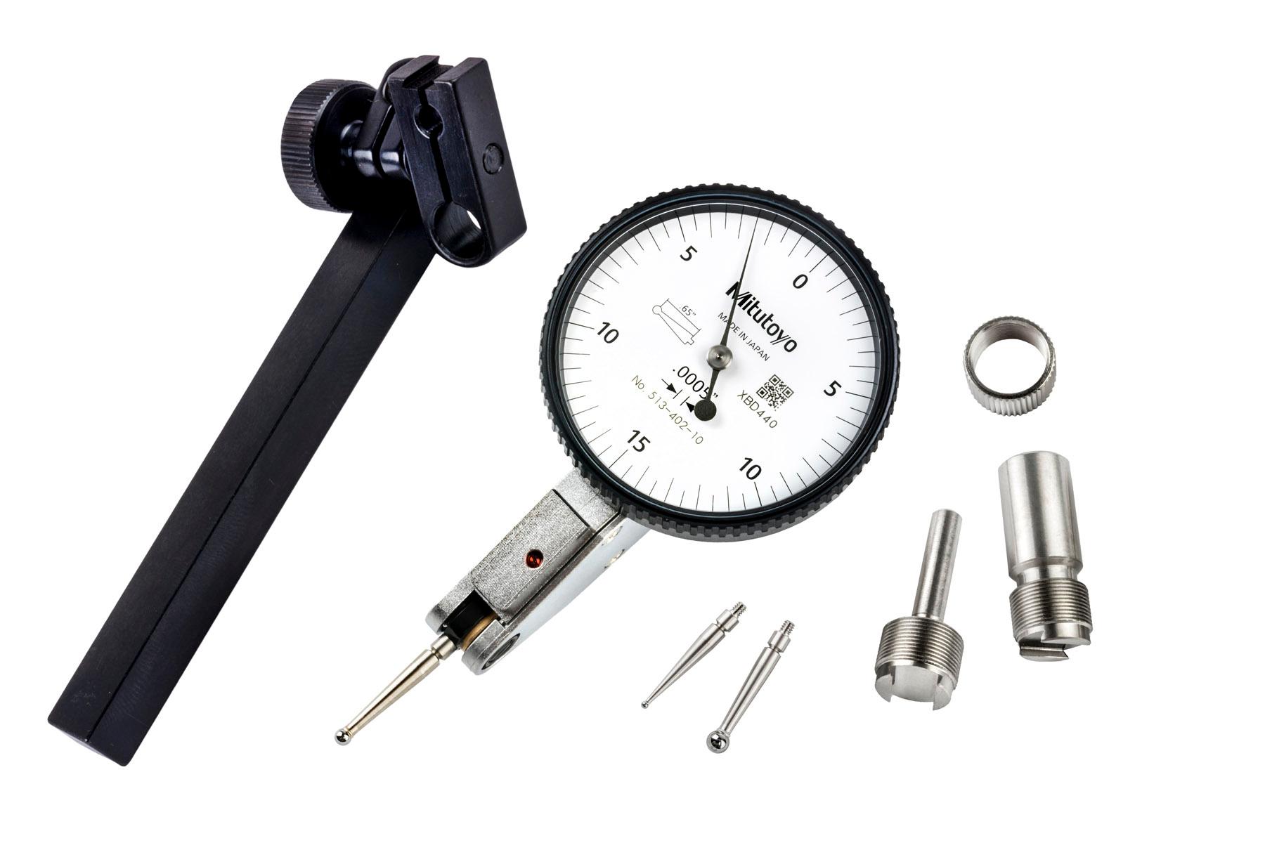Mitutoyo, 513-402-10T, .0005 In, .03 In, Dial Test Indicator, Full Set, 0-15-0, 3/8 In/.157 In Stems, .079 In/.039 In/.118 In Contact Points, Clamp and Hold Bar, 19.9mm Length, Anti-Magnet, Jeweled Bearing