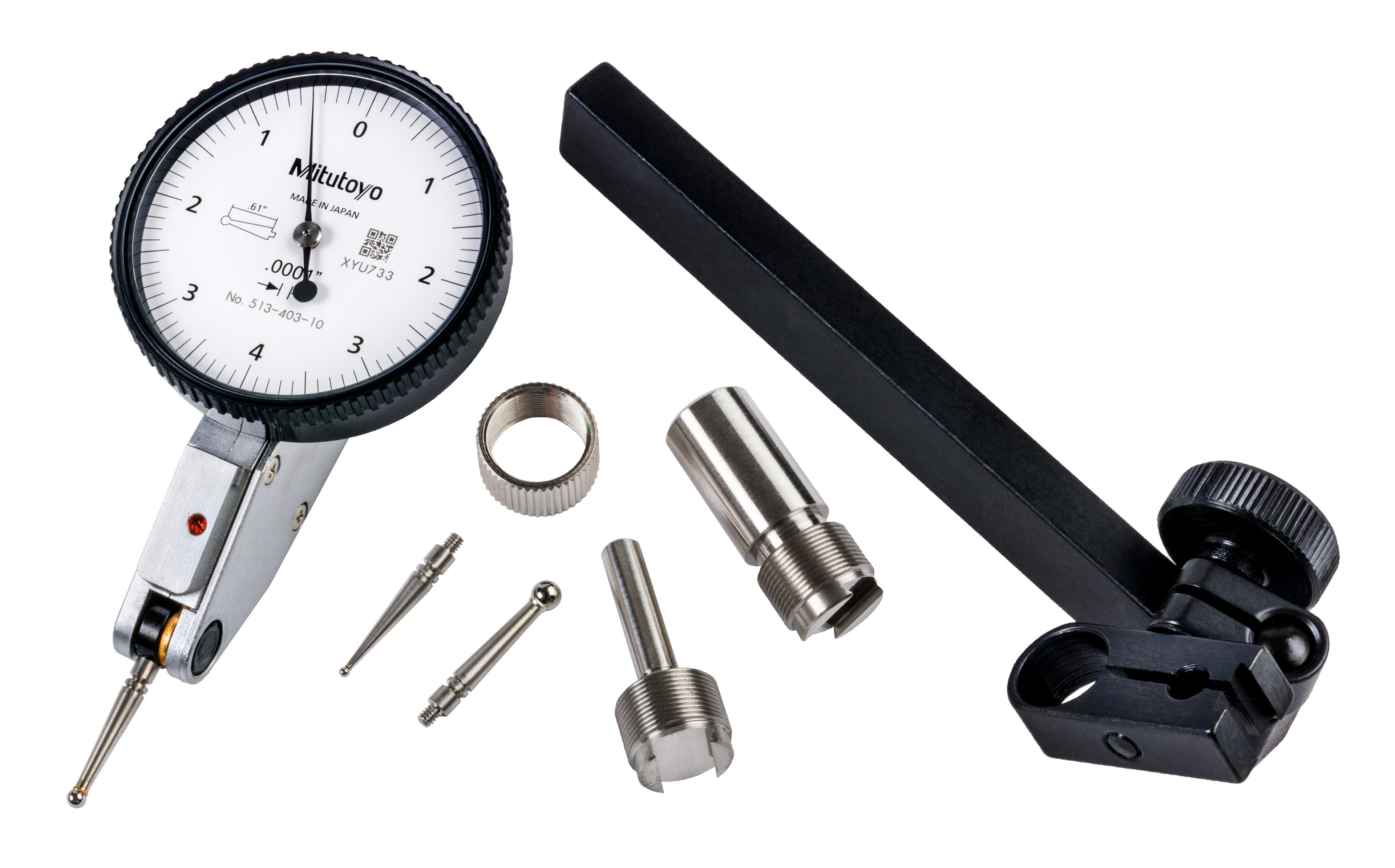 Mitutoyo, 513-403-10T, .0001 In, .008 In, Dial Test Indicator, Full Set, 0-4-0, 3/8 In/.157 In Stems, .079 In/.039 In/.118 In Contact Points, Clamp and Hold Bar, 15mm Length, Anti-Magnet, Jeweled Bearing