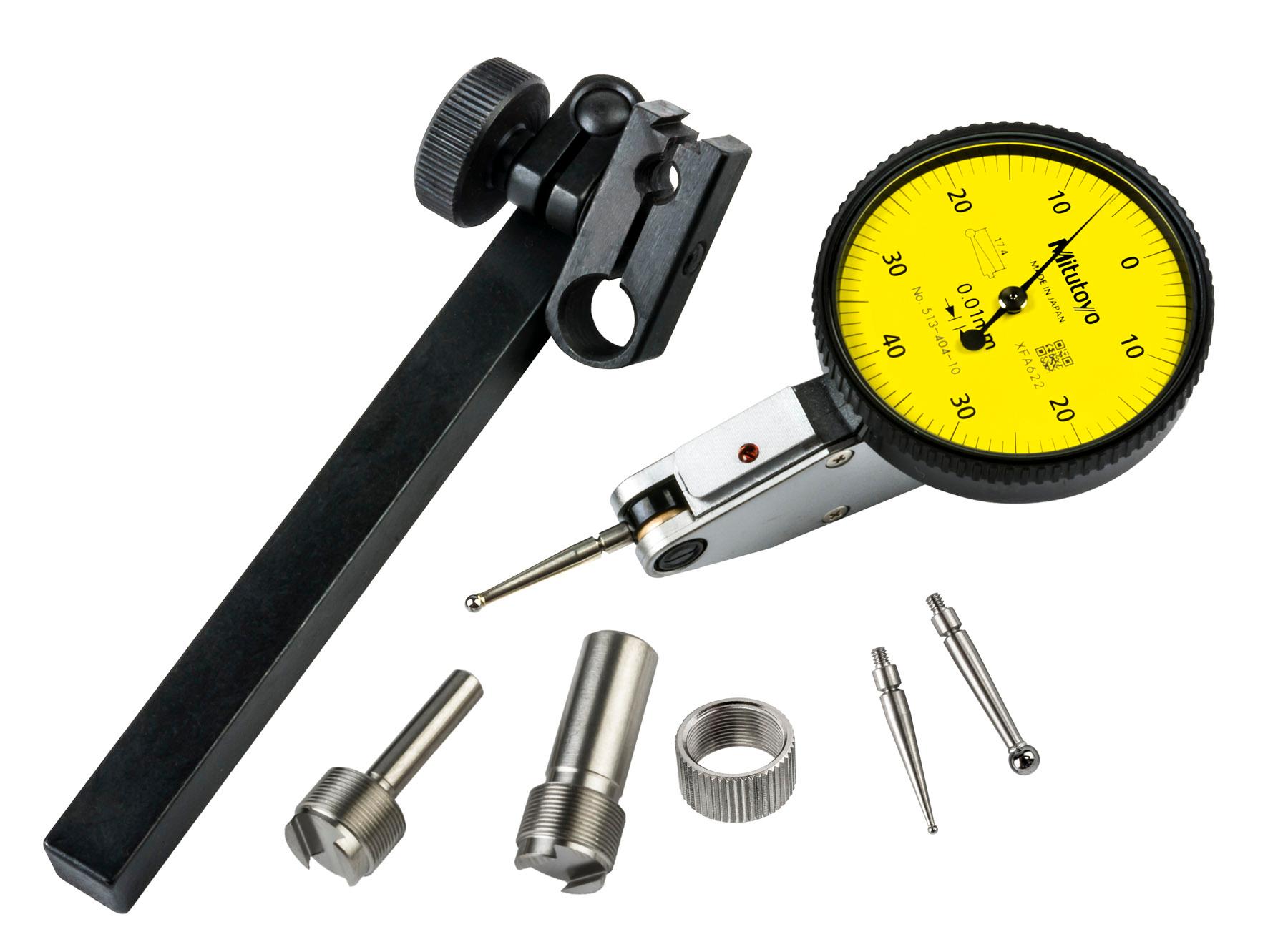 Mitutoyo, 513-404-10T, .01mm, .8mm, Dial Test Indicator, Basic Set , 0-40-0, 8/4mm Stems, 2/1/3mm Contact Points, Clamp and Hold Bar, 20.9mm Length, Anti-Magnet, Jeweled Bearing