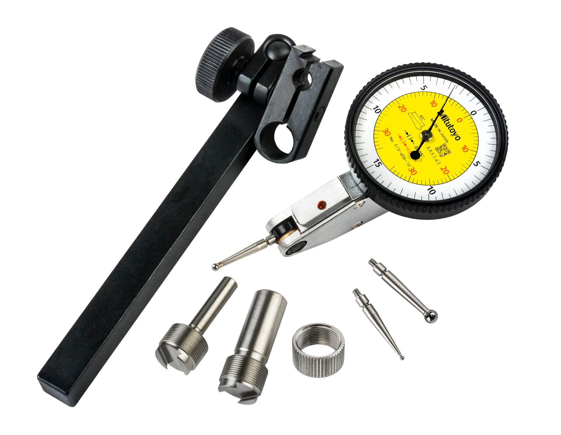 Mitutoyo, 513-406-10T, .0005 In/0.01mm, .03 In/.7mm, Dial Test Indicator, Basic Set, 0-15-0/0-35-0, 3/8 In/.157 In Stems, .079 In/.039 In/.118 In Contact Points, Clamp and Hold Bar, 19.9mm Length, Anti-Magnet, Jeweled Bearing