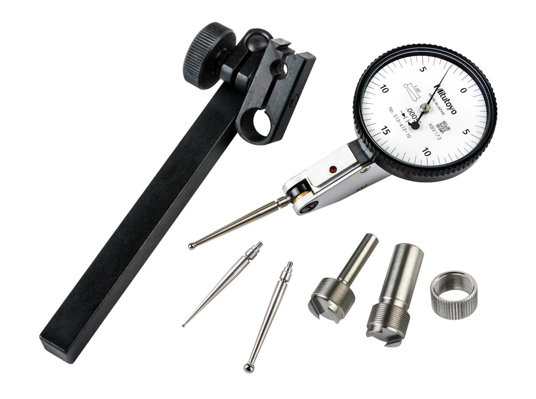 Mitutoyo, 513-412-10T, .0005 In, .03 In, Dial Test Indicator, Full Set, 0-15-0, 3/8 In/.157 In Stems, .079 In/.039 In/.118 In Contact Points, Clamp and Hold Bar, 33.9mm Length, Anti-Magnet, Jeweled Bearing, Long Contact Point