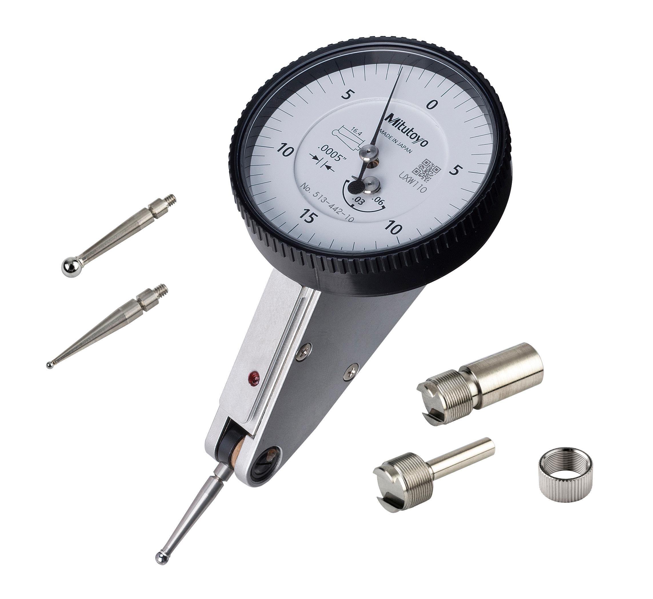 Mitutoyo, 513-442-10A, .0005 In, .06 In, Dial Test Indicator, 20 Degree Tilted Face, Basic Set, 0-15-0, 3/8 In Stem, .079 In Contact Point, 19.9mm Length, Anti-Magnet, Jeweled Bearing, Rev Counter