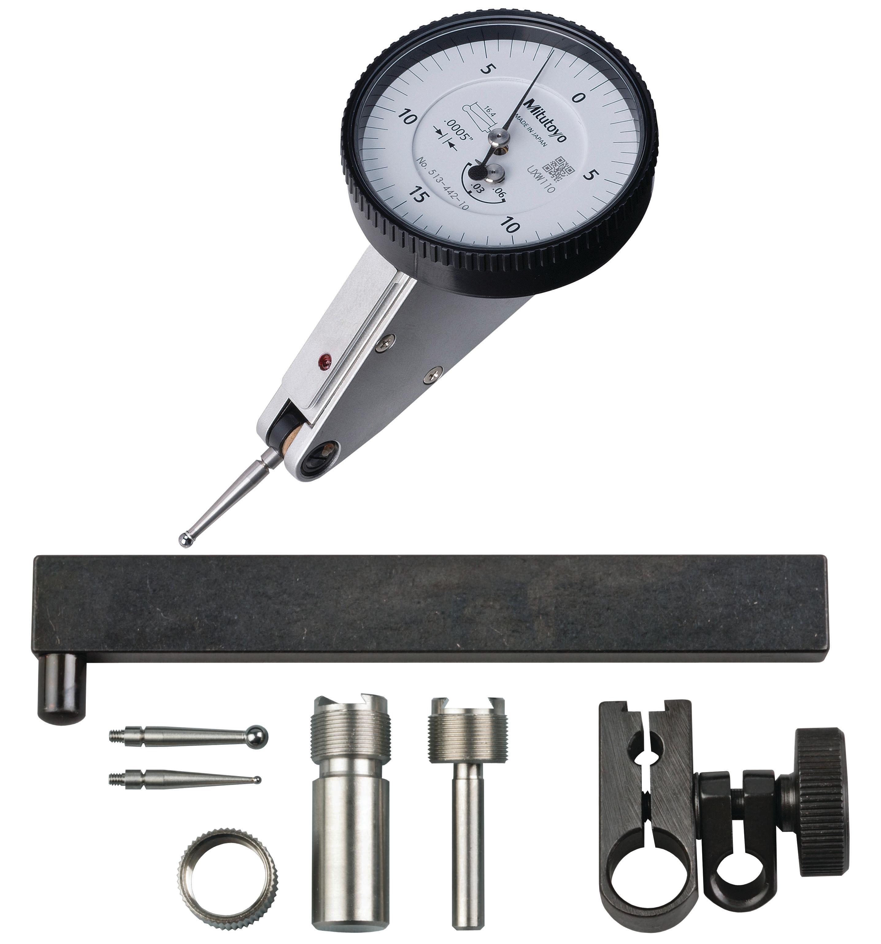 Mitutoyo, 513-442-10T, .0005 In, .06 In, Dial Test Indicator, 20 Degree Tilted Face, Full Set, 0-15-0, 3/8 In/.157 In Stems, .079 In/.039 In/.118 In Contact Points, Clamp and Hold Bar, 19.9mm Length, Anti-Magnet, Jeweled Bearing, Rev Counter