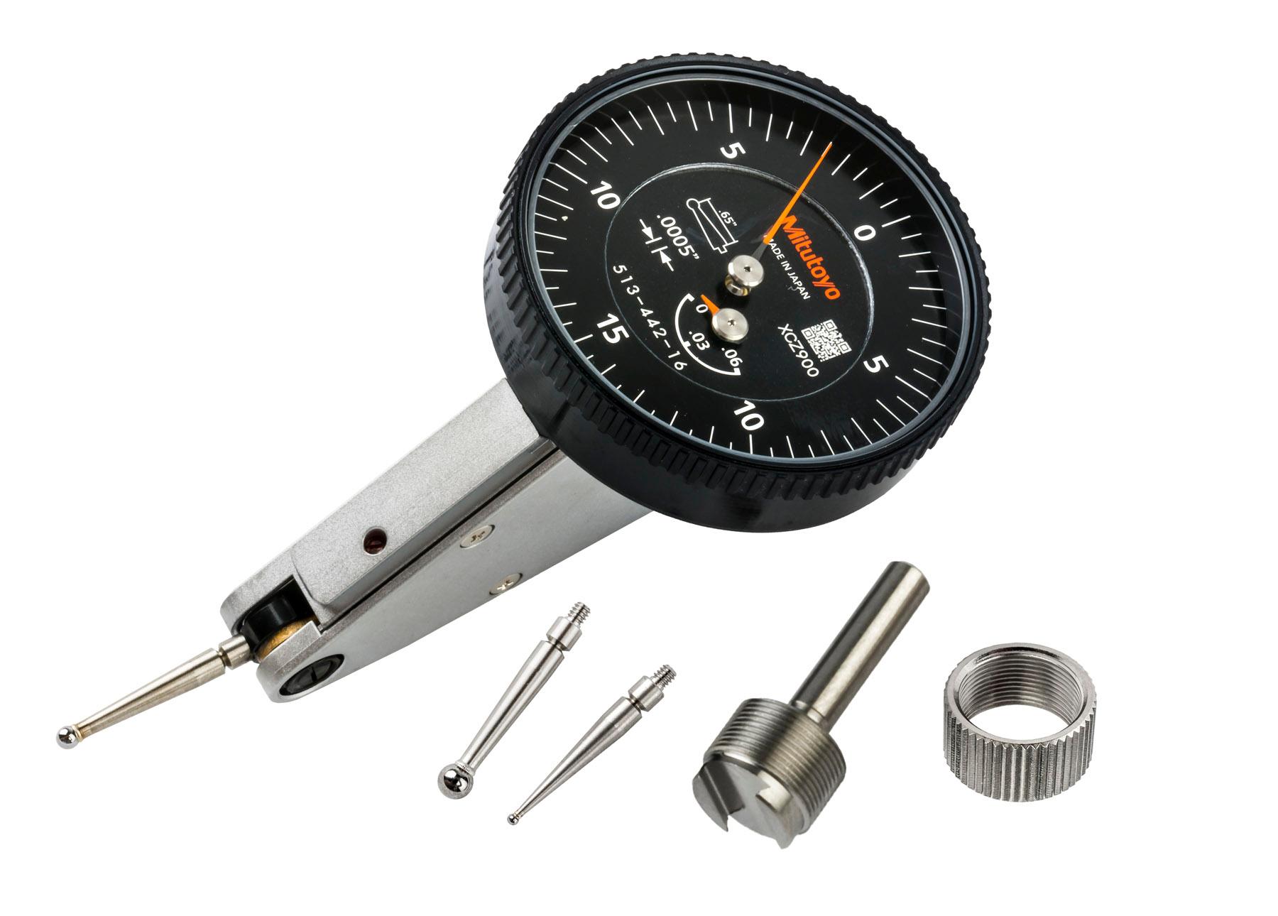Mitutoyo, 513-442-16A, .0005 In, .06 In, Dial Test Indicator, 20 Degree Tilted Face, Basic Set, 0-15-0, 3/8 In Stem, .079 In Contact Point, 19.9mm Length, Anti-Magnet, Jeweled Bearing, Rev Counter, Black Dial
