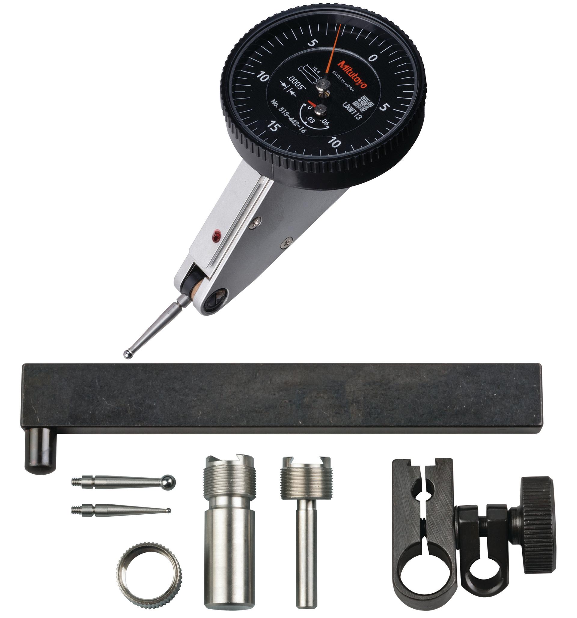 Mitutoyo, 513-442-16T, .0005 In, .06 In, Dial Test Indicator, 20 Degree Tilted Face, Full Set, 0-15-0, 3/8 In/.157 In Stems, .079 In/.039 In/.118 In Contact Points, Clamp and Hold Bar, 19.9mm Length, Anti-Magnet, Jeweled Bearing, Rev Counter, Black Dial
