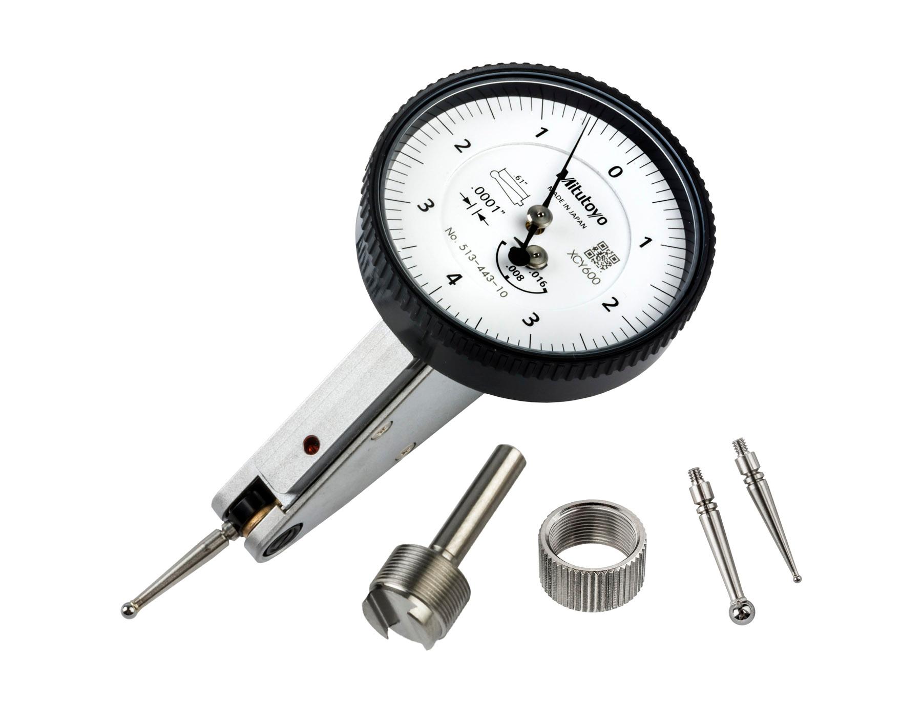 Mitutoyo, 513-443-10A, .0001 In, .16 In, Dial Test Indicator, 20 Degree Tilted Face, Basic Set, 0-4-0, 3/8 In Stem, .079 In Contact Point, 15mm Length, Anti-Magnet, Jeweled Bearing, Rev Counter
