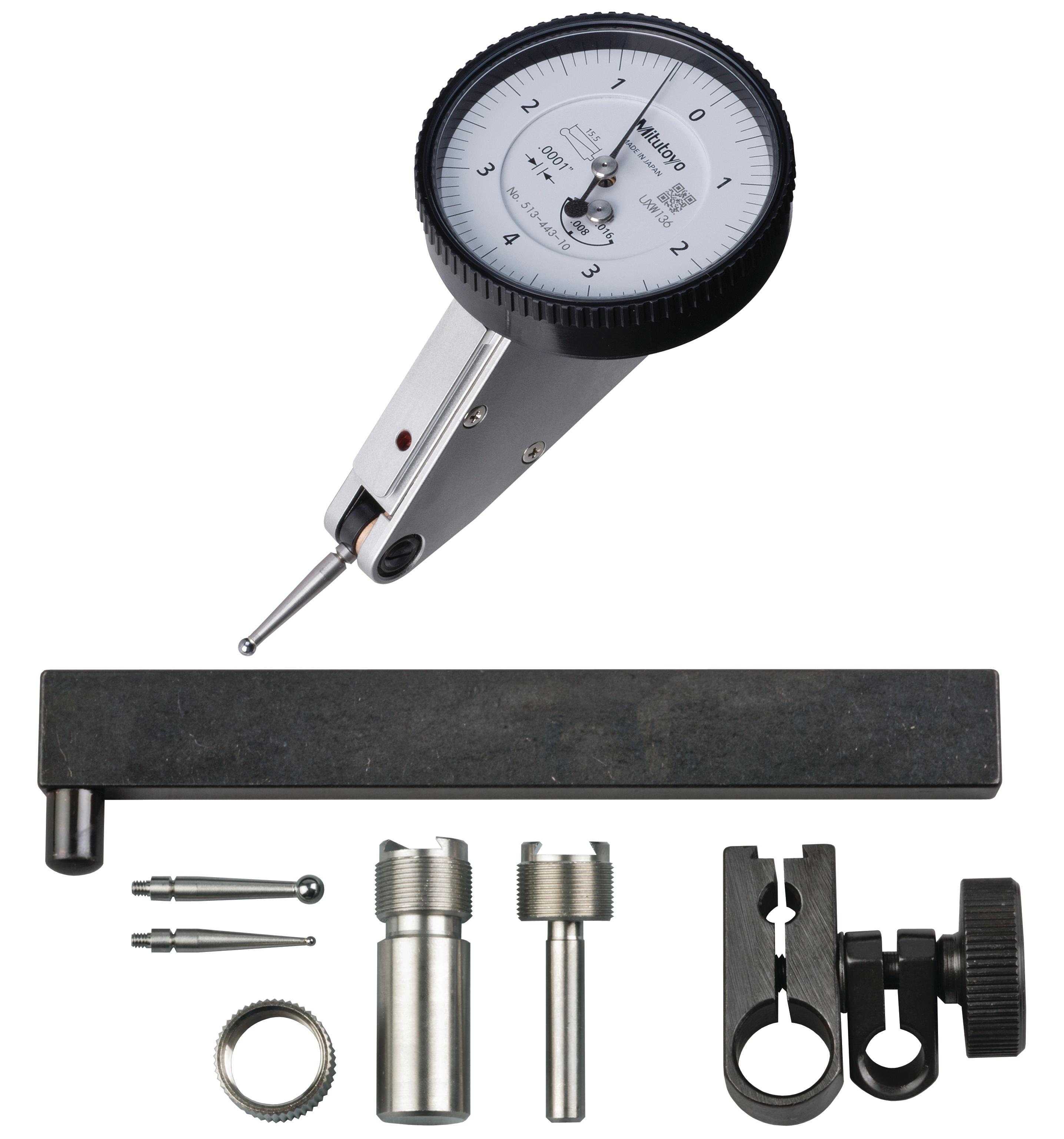 Mitutoyo, 513-443-10T, .0001 In, .16 In, Dial Test Indicator, 20 Degree Tilted Face, Full Set, 0-4-0, 3/8 In/.157 In Stems, .079 In/.039 In/.118 In Contact Points, Clamp and Hold Bar, 15mm Length, Anti-Magnet, Jeweled Bearing, Rev Counter