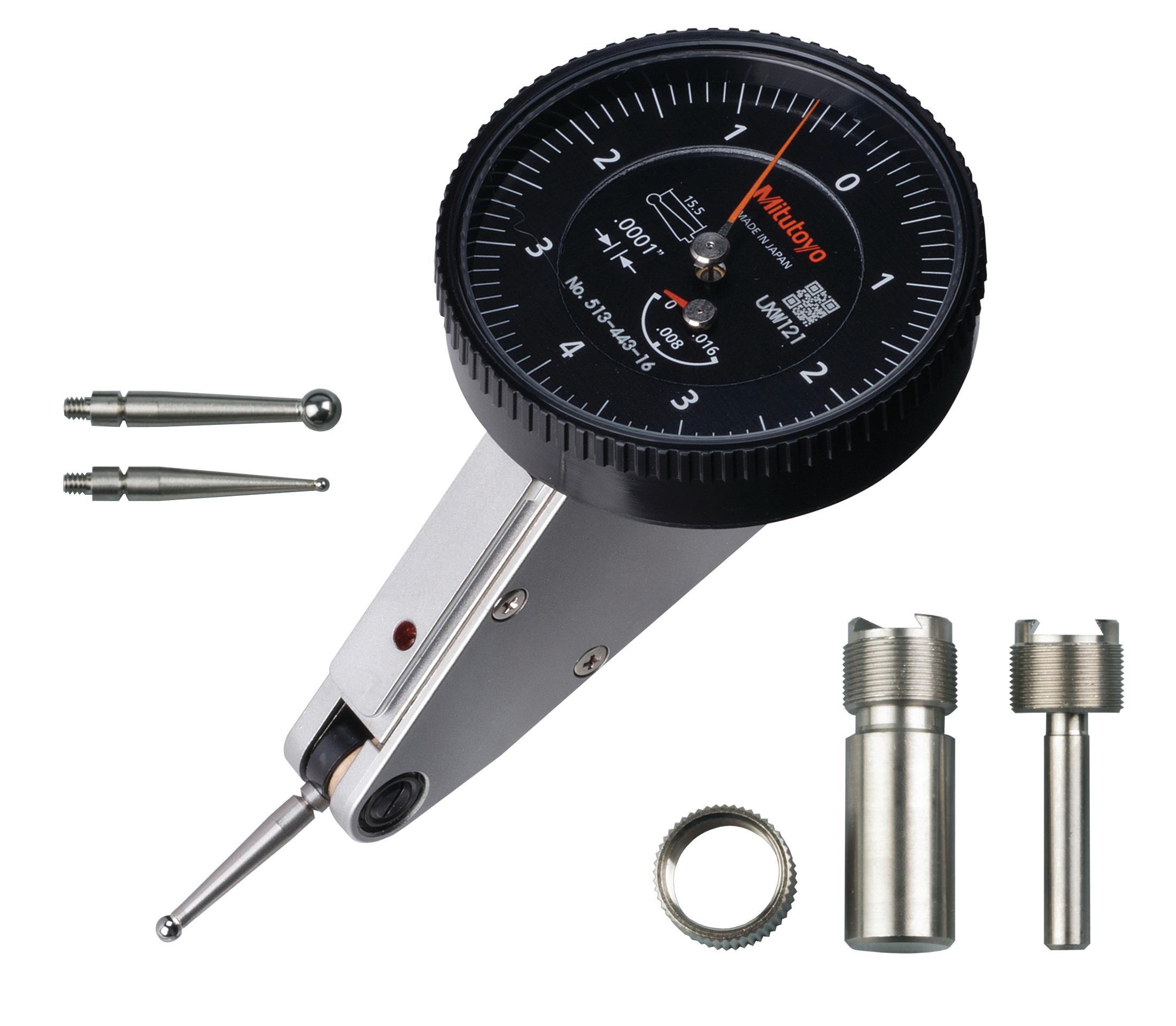 Mitutoyo, 513-443-16A, .0001 In, .16 In, Dial Test Indicator, 20 Degree Tilted Face, Basic Set, 0-4-0, 3/8 In Stem, .079 In Contact Point, 15mm Length, Anti-Magnet, Jeweled Bearing, Rev Counter, Black Dial