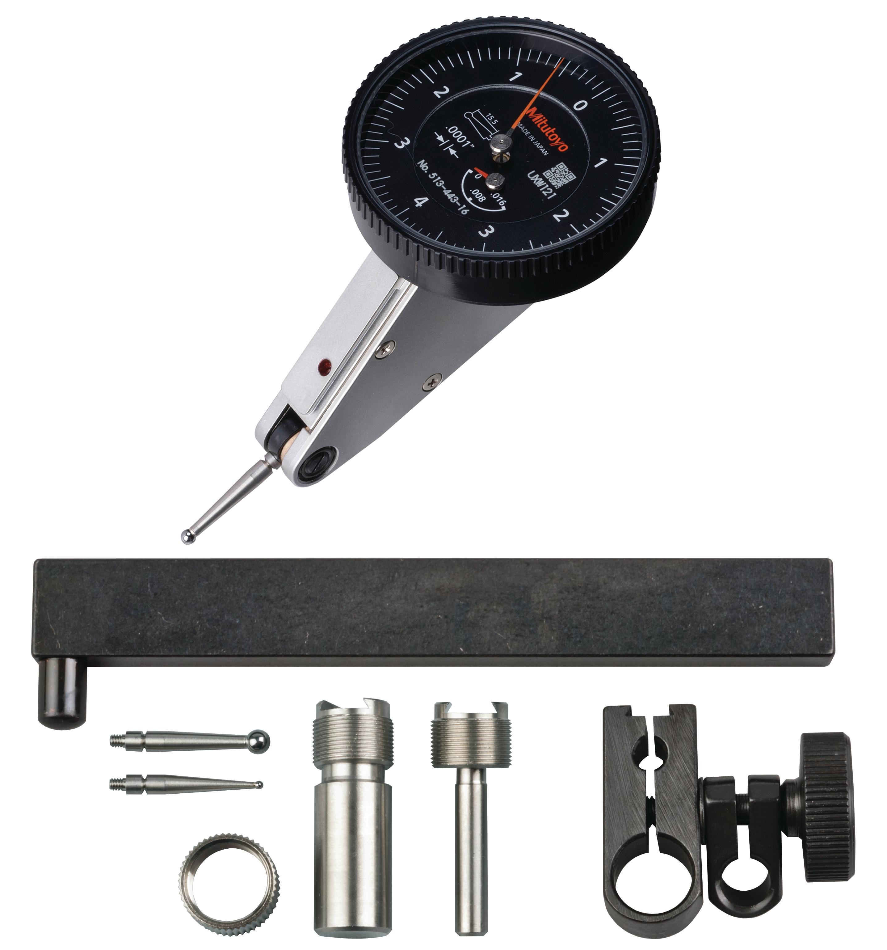 Mitutoyo, 513-443-16T, .0001 In, .16 In, Dial Test Indicator, 20 Degree Tilted Face, Full Set, 0-4-0, 3/8 In/.157 In Stems, .079 In/.039 In/.118 In Contact Points, Clamp and Hold Bar, 15mm Length, Anti-Magnet, Jeweled Bearing, Rev Counter, Black Dial