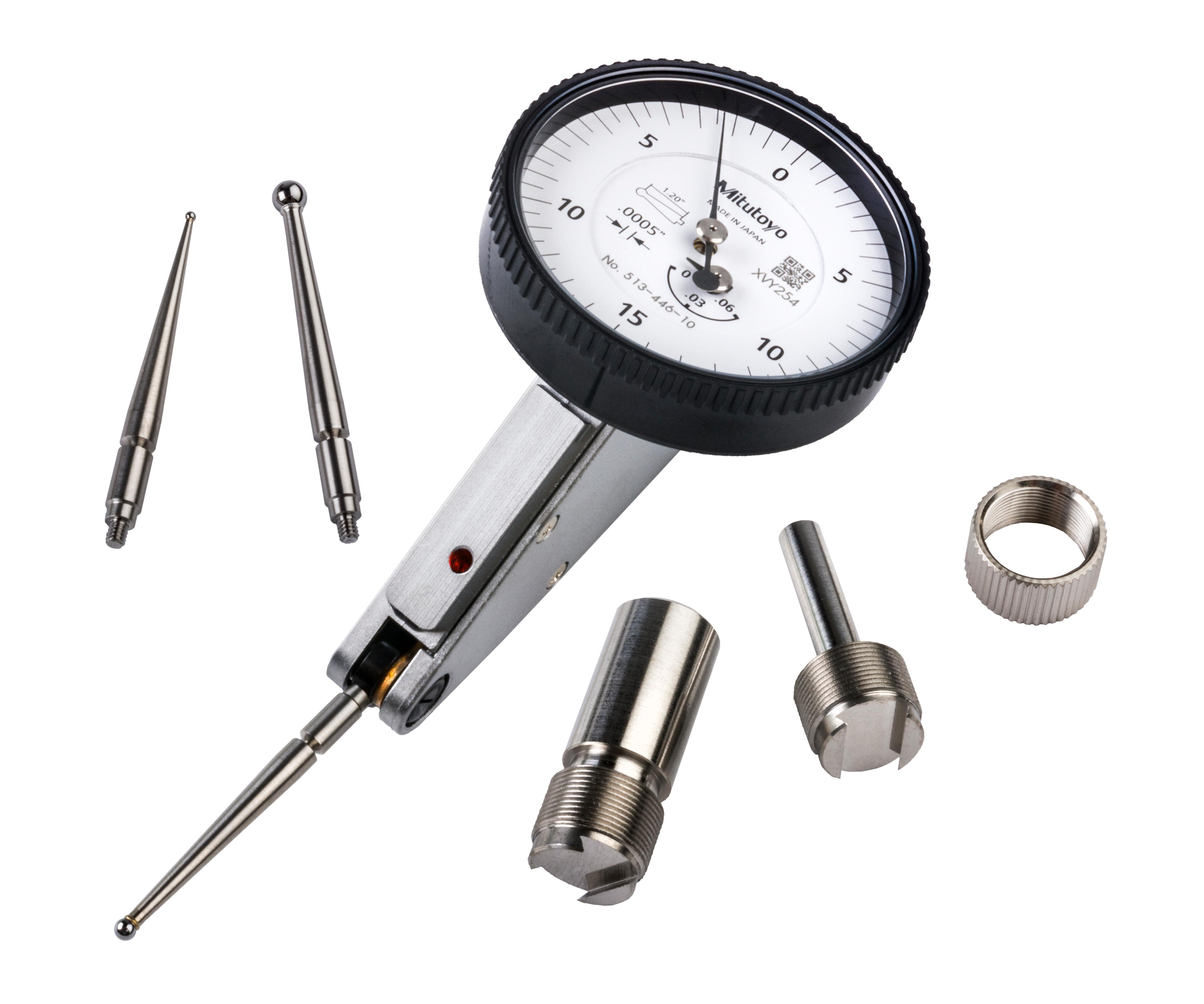 Mitutoyo, 513-446-10A, .0005 In, .06 In, Dial Test Indicator, 20 Degree Tilted Face, Basic Set, 0-15-0, 3/8 In Stem, .079 In Contact Point, 33.9mm Length, Anti-Magnet, Jeweled Bearing, Long Contact Point, Rev Counter