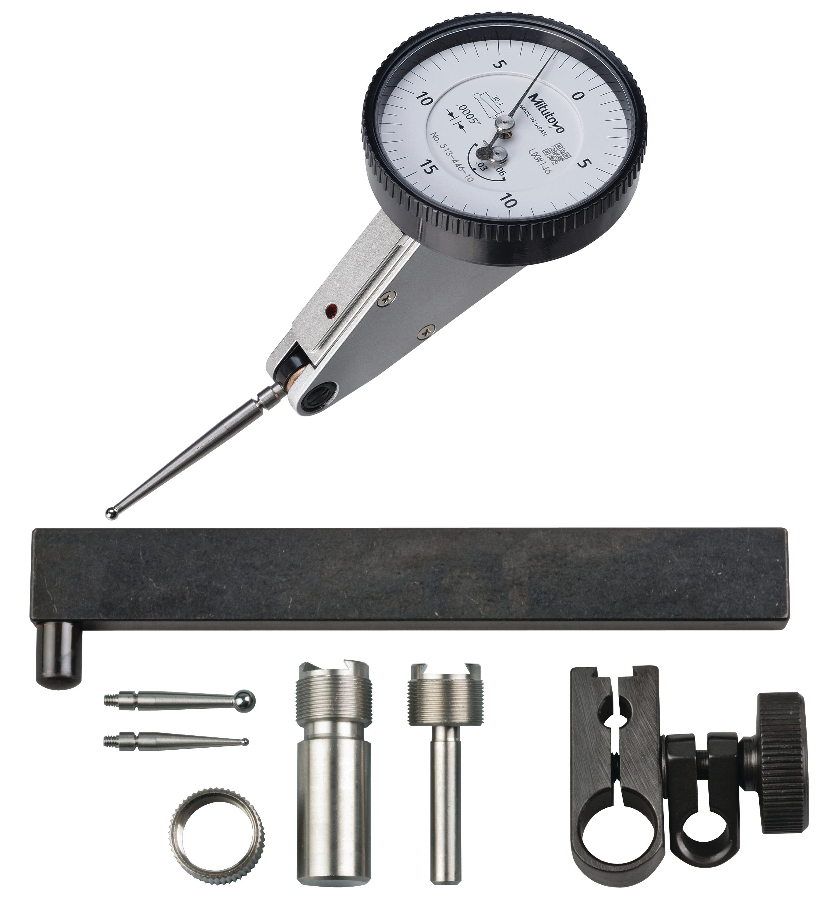 Mitutoyo, 513-446-10T, .0005 In, .06 In, Dial Test Indicator, 20 Degree Tilted Face, Full Set, 0-15-0, 3/8 In/.157 In Stems, .079 In/.039 In/.118 In Contact Points, Clamp and Hold Bar, 33.9mm Length, Anti-Magnet, Jeweled Bearing, Long Contact Point, Rev Counter
