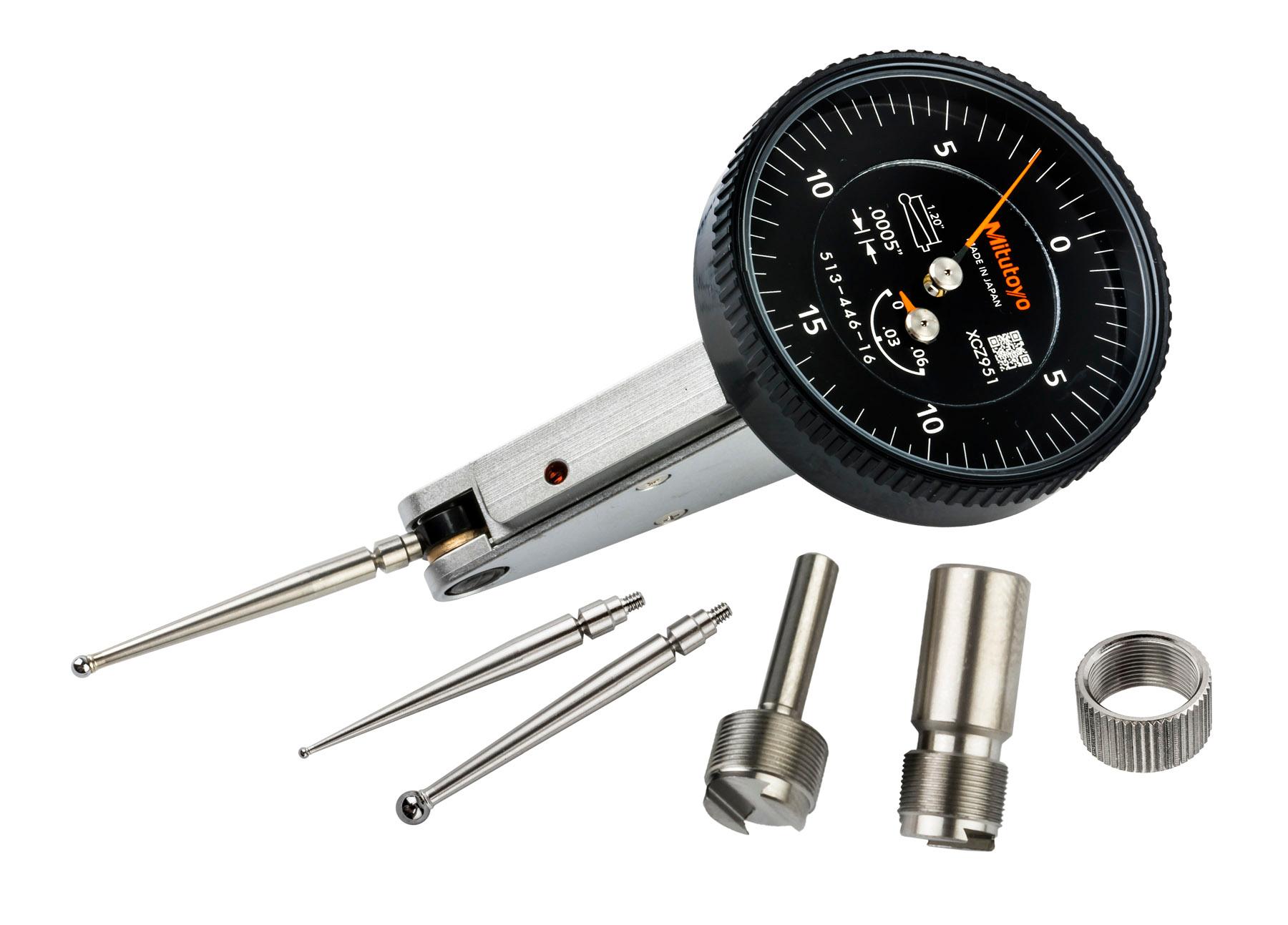 Mitutoyo, 513-446-16A, .0005 In, .06 In, Dial Test Indicator, 20 Degree Tilted Face, Basic Set, 0-15-0, 3/8 In Stem, .079 In Contact Point, 33.9mm Length, Anti-Magnet, Jeweled Bearing, Long Contact Point, Rev Counter, Black Dial