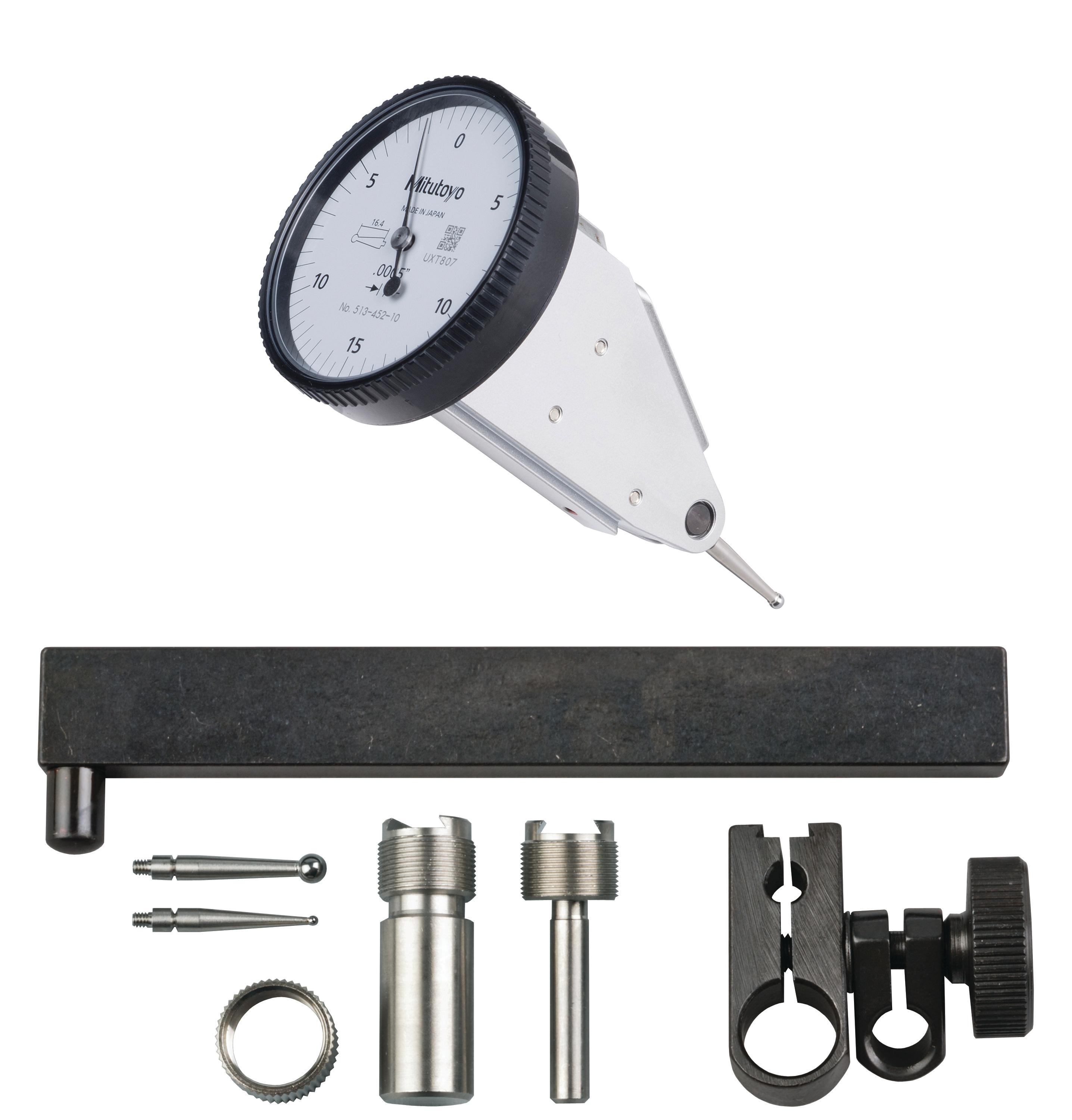 Mitutoyo, 513-452-10T, .0005 In, .03 In, Dial Test Indicator, Vertical, Full Set, 0-15-0, 3/8 In/.157 In Stems, .079 In/.039 In/.118 In Contact Points, Clamp and Hold Bar, 19.9mm Length, Anti-Magnet, Jeweled Bearing