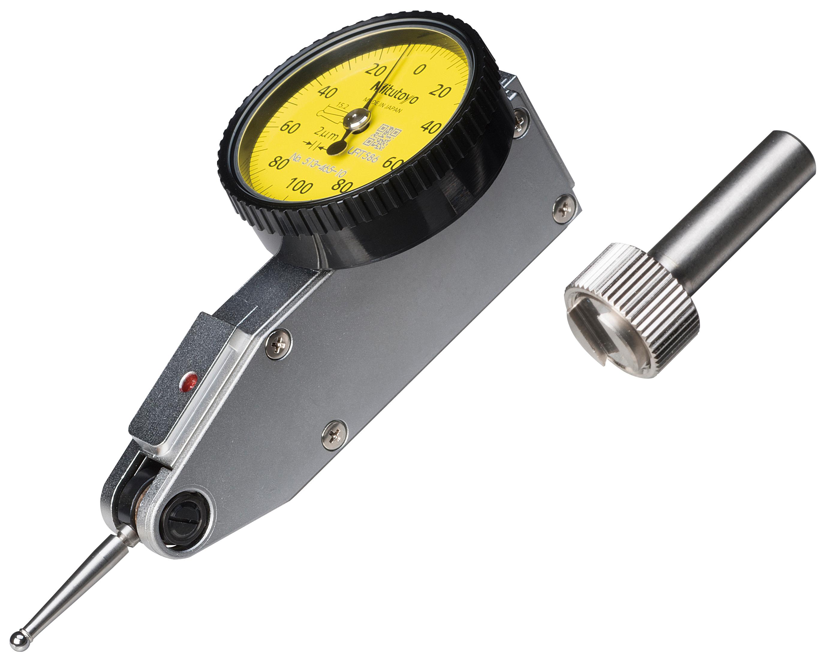 Mitutoyo, 513-465-10E, Dial test indicator, horizontal (20 degree tilted face), .002mm graduation, .2mm range, 4um accuracy, 0-100-0 dial reading, 0.3N or less measuring force, 14.7mm L