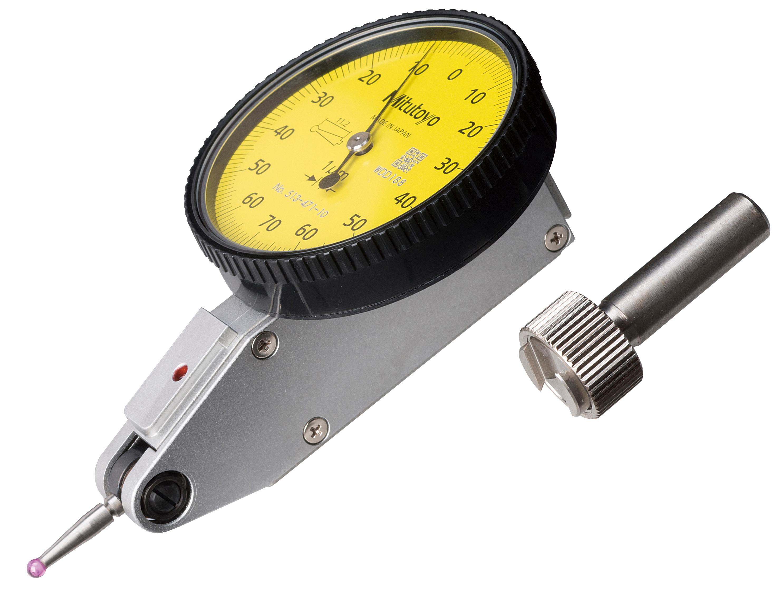Mitutoyo, 513-471-10E, Dial test indicator, horizontal (20 degree tilted face), .002mm graduation, .2mm range, 4um accuracy, 0-100-0 dial reading, 0.3N or less measuring force, 14.7mm L