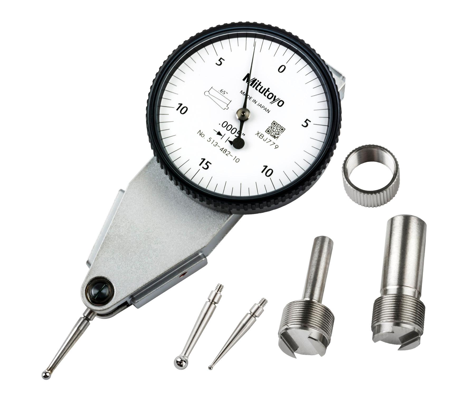 Mitutoyo, 513-482-10A, Dial Test Indicator, horizontal (20 degree tilted face), parallel type, .0005 In graduation, basic set, .03 In range, .0005 In accuracy, 0-15-0 dial reading, .3N or less measuring force, 68g mass, 20mm L