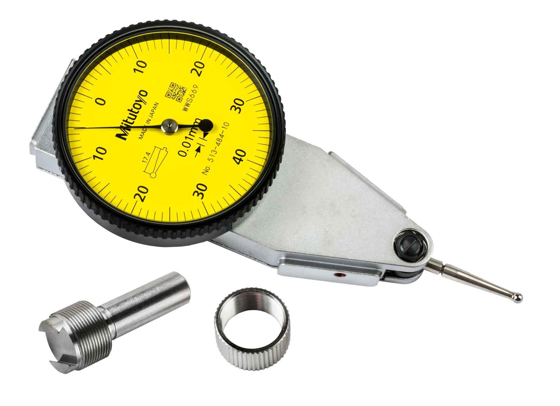 Mitutoyo, 513-484-10H, Dial test indicator, horizontal (20 degree tilted face), .01mm graduation, .8mm range, 8um accuracy, 0-40-0 dial reading, 0.3N or less measuring force, 68g mass, 20.9mm L