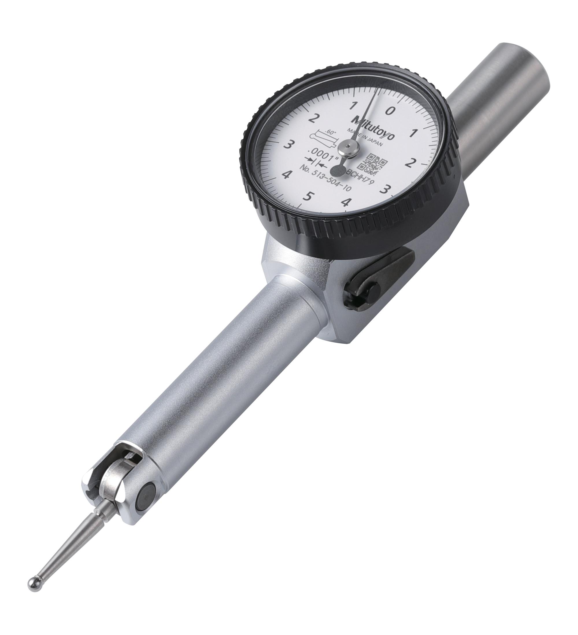 Mitutoyo, 513-504-10E, .0001 In, .01 In, Dial Test Indicator, Pocket Type, Basic Set, 0-5-0, 3/8 In Stem, .079 In Contact Point, 18.7mm Length,  Jeweled Bearing