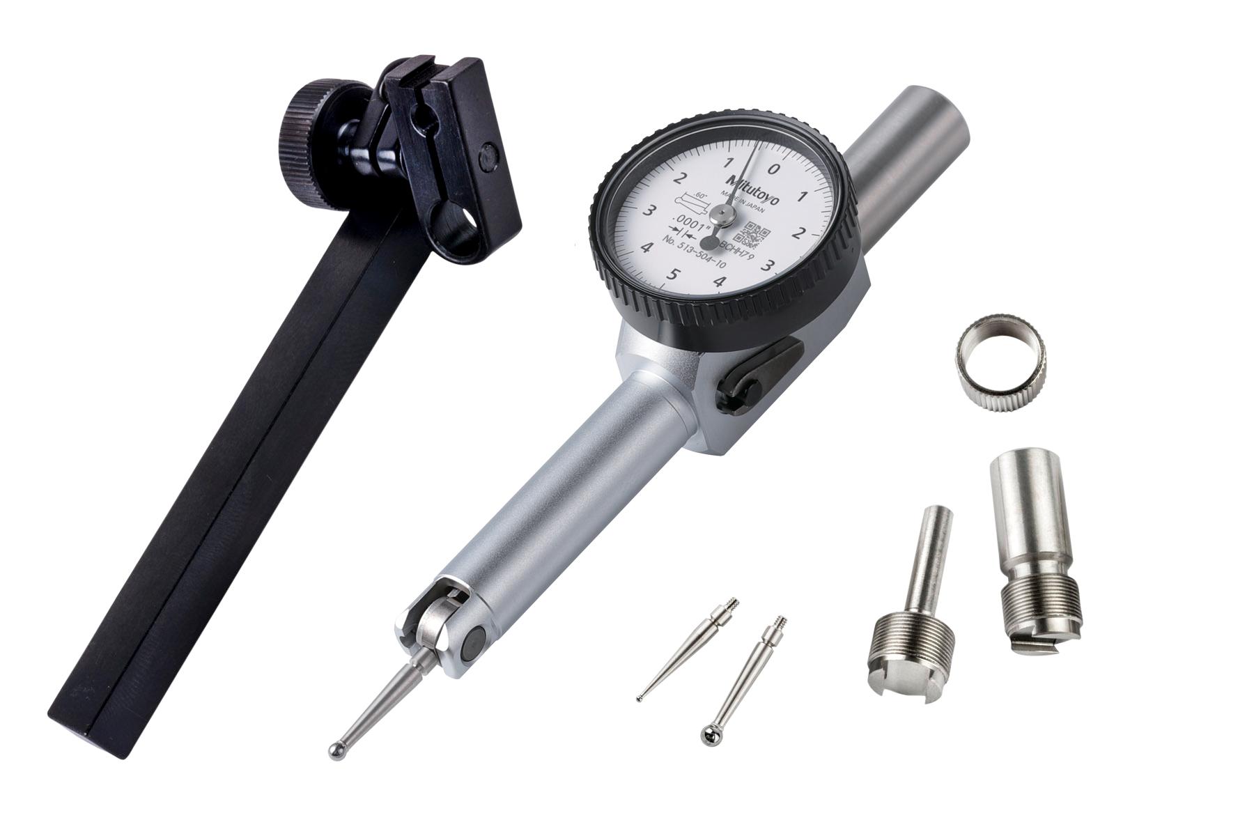 Mitutoyo, 513-504-10T, .0001 In, .01 In, Dial Test Indicator, Pocket Type, Full Set, 0-5-0, 3/8 In/.157 In Stems, .079 In/.039 In/.118 In Contact Points, Clamp and Hold Bar, 18.7mm Length,  Jeweled Bearing