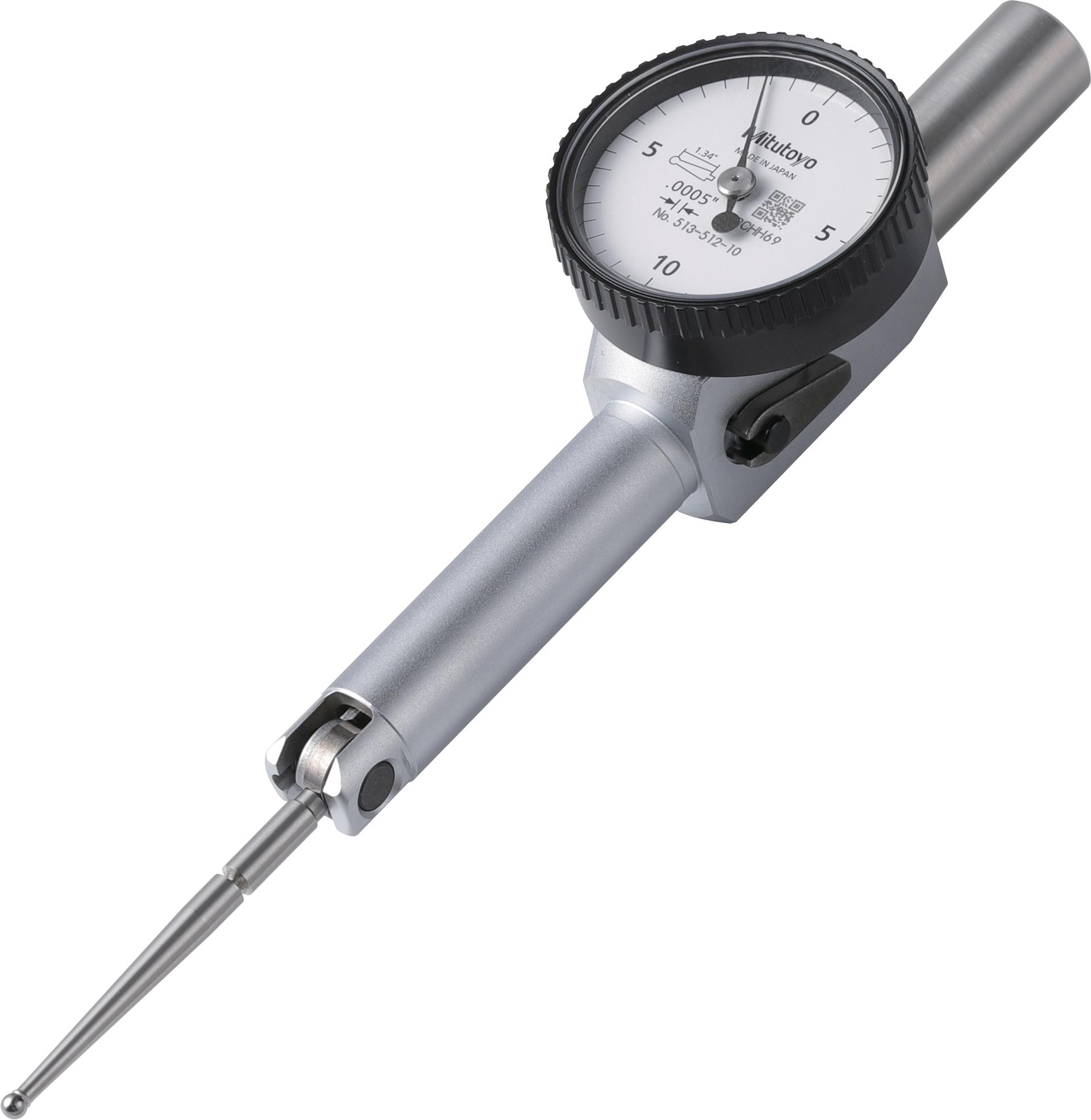 Mitutoyo, 513-512-10E, .0005 In, .02 In, Dial Test Indicator, Pocket Type, Basic Set, 0-10-0, 3/8 In Stem, .079 In Contact Point, 37.4mm Length,  Jeweled Bearing, Long Contact Point