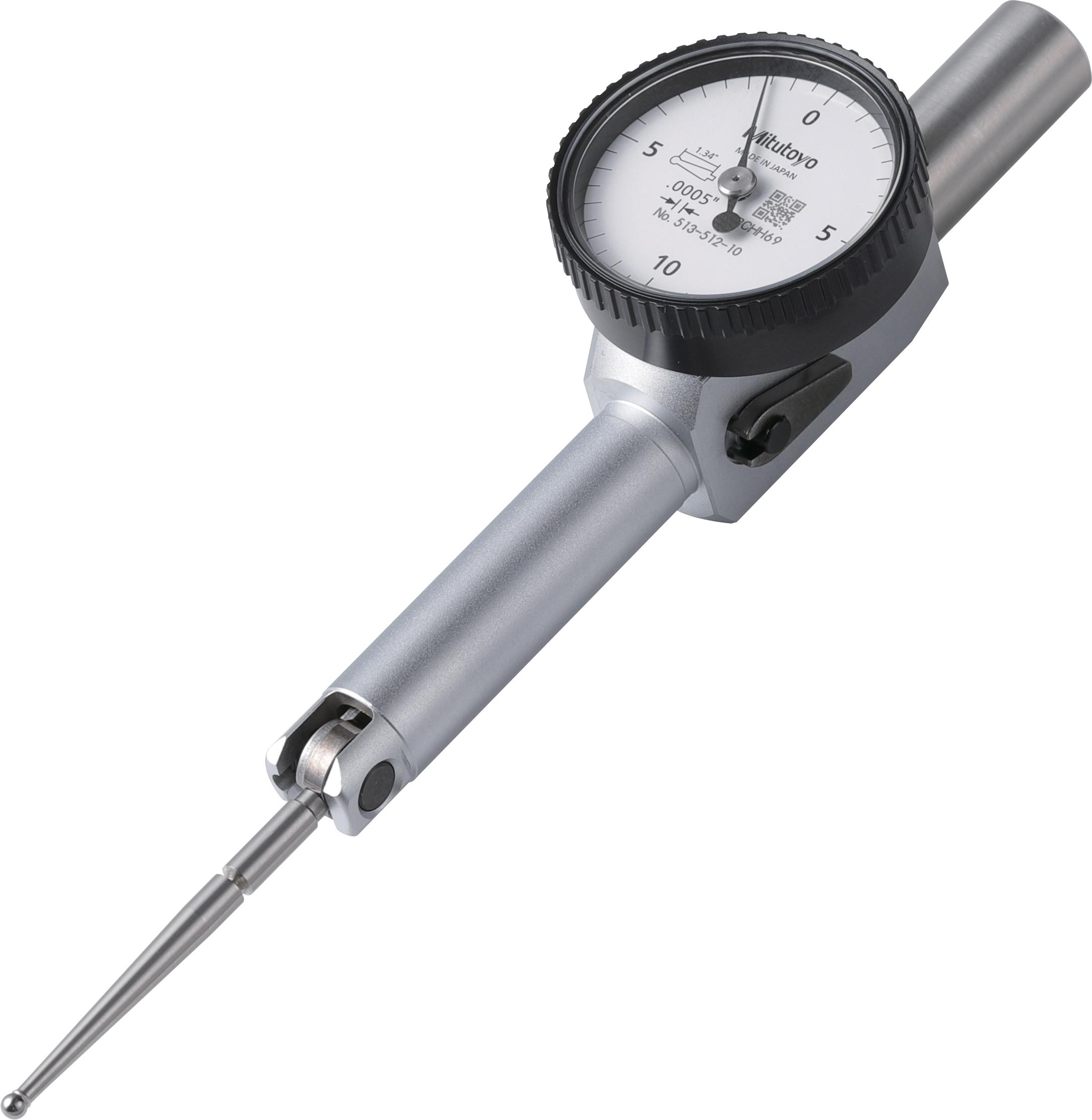 Mitutoyo, 513-512-10E, .0005 In, .02 In, Dial Test Indicator, Pocket Type, Basic Set, 0-10-0, 3/8 In Stem, .079 In Contact Point, 37.4mm Length,  Jeweled Bearing, Long Contact Point