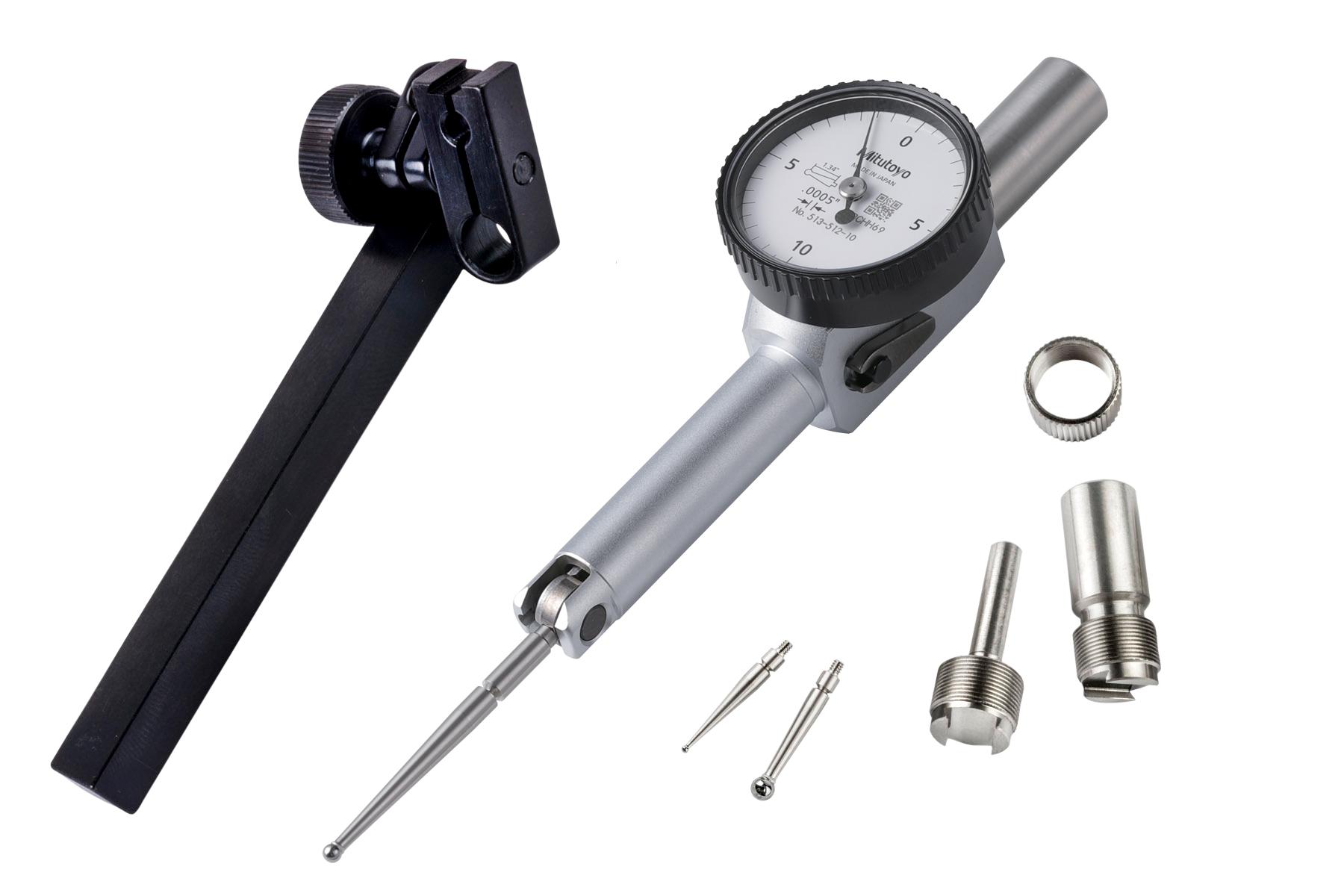 Mitutoyo, 513-512-10T, .0005 In, .02 In, Dial Test Indicator, Pocket Type, Full Set, 0-10-0, 3/8 In/.157 In Stems, .079 In/.039 In/.118 In Contact Points, Clamp and Hold Bar, 37.4mm Length,  Jeweled Bearing, Long Contact Point