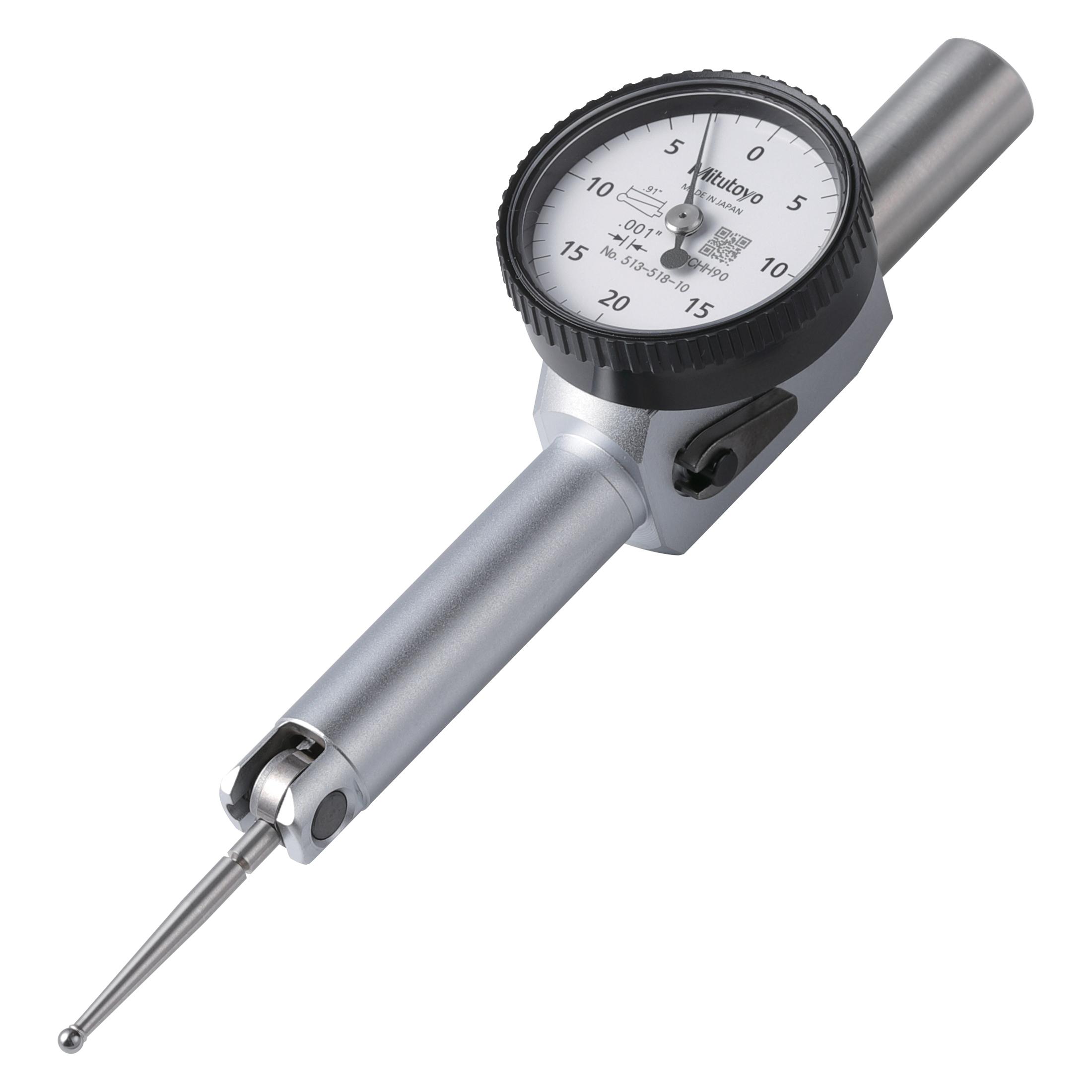 Mitutoyo, 513-518-10E, .001 In, .04 In, Dial Test Indicator, Pocket Type, Basic Set, 0-20-0, 3/8 In Stem, .079 In Contact Point, 26.5mm Length,  Jeweled Bearing