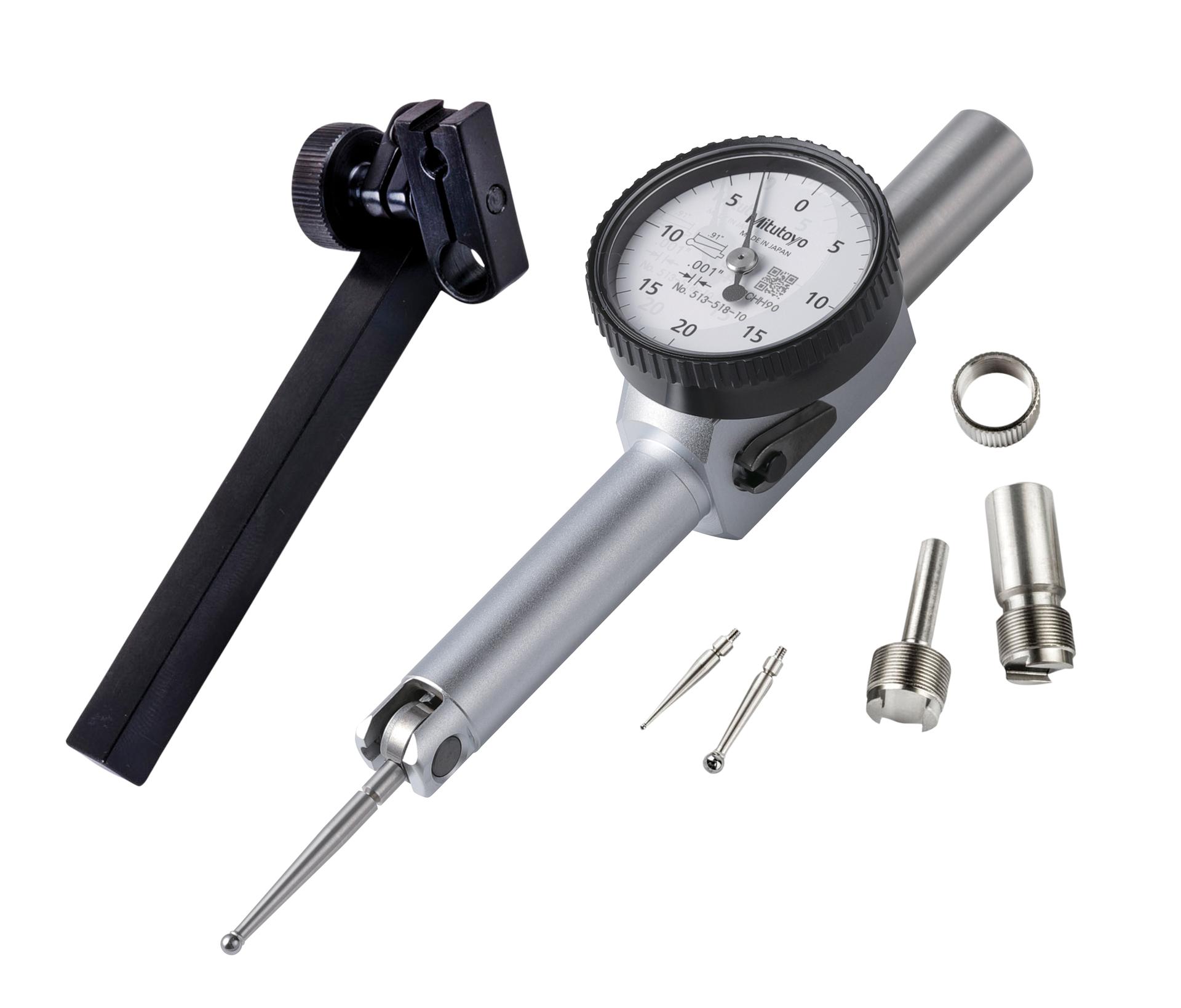 Mitutoyo, 513-518-10T, .001 In, .04 In, Dial Test Indicator, Pocket Type, Full Set, 0-20-0, 3/8 In/.157 In Stems, .079 In/.039 In/.118 In Contact Points, Clamp and Hold Bar, 26.5mm Length,  Jeweled Bearing