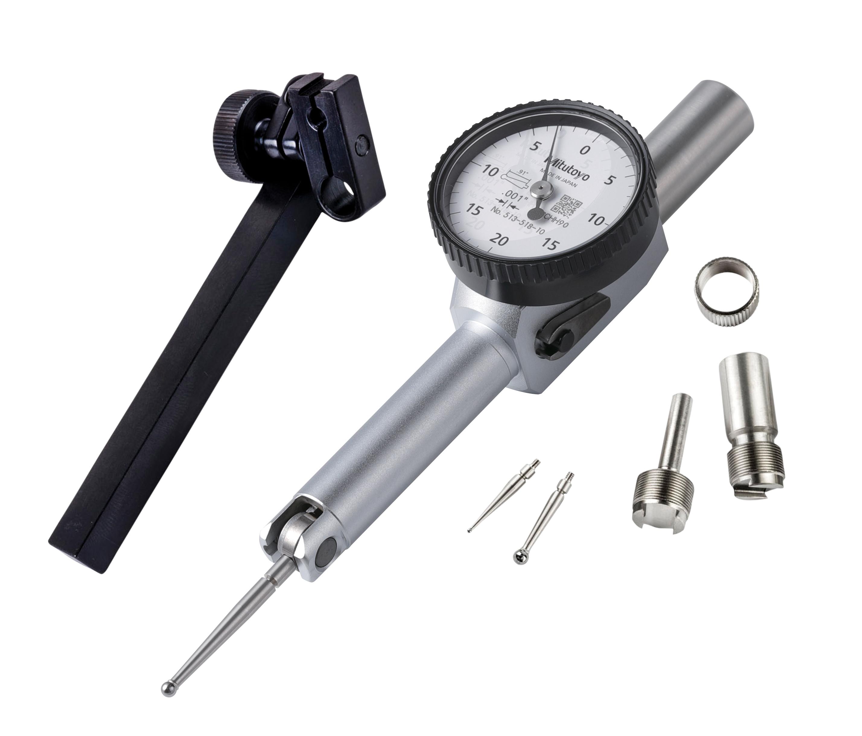 Mitutoyo, 513-518-10T, .001 In, .04 In, Dial Test Indicator, Pocket Type, Full Set, 0-20-0, 3/8 In/.157 In Stems, .079 In/.039 In/.118 In Contact Points, Clamp and Hold Bar, 26.5mm Length,  Jeweled Bearing