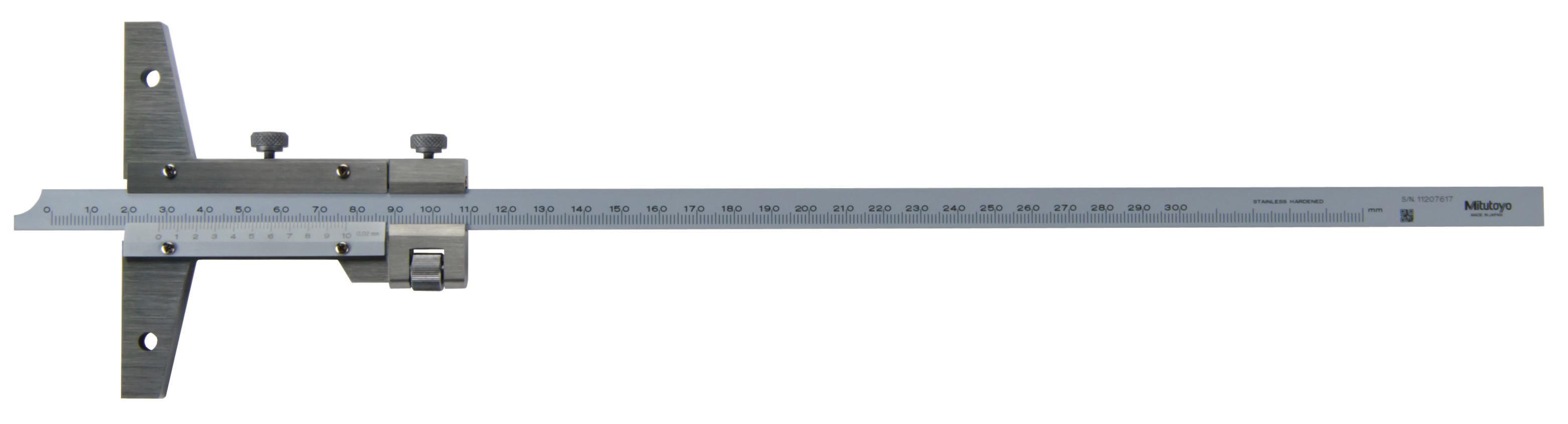 Mitutoyo, 527-103, 0-300mm, 0.02mm Vernier Depth Gage, With Fine Adjustment