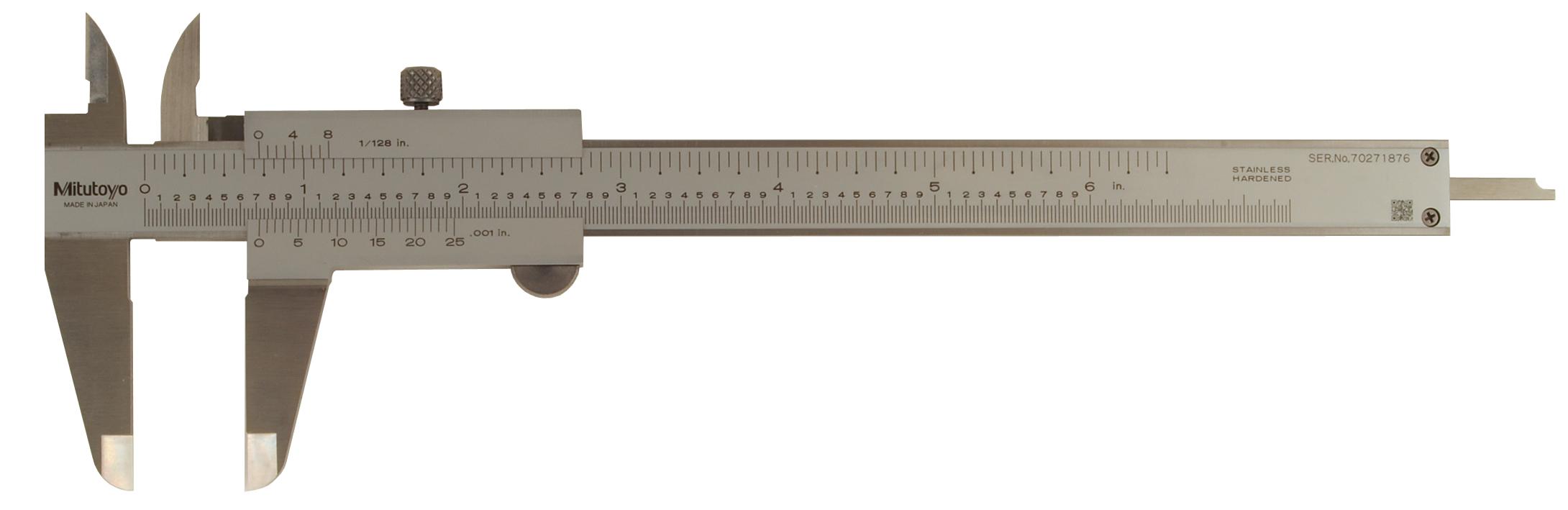Mitutoyo, 530-105, 0-6 In, .001 In and 1/128 In, Vernier Caliper, Dual Scale