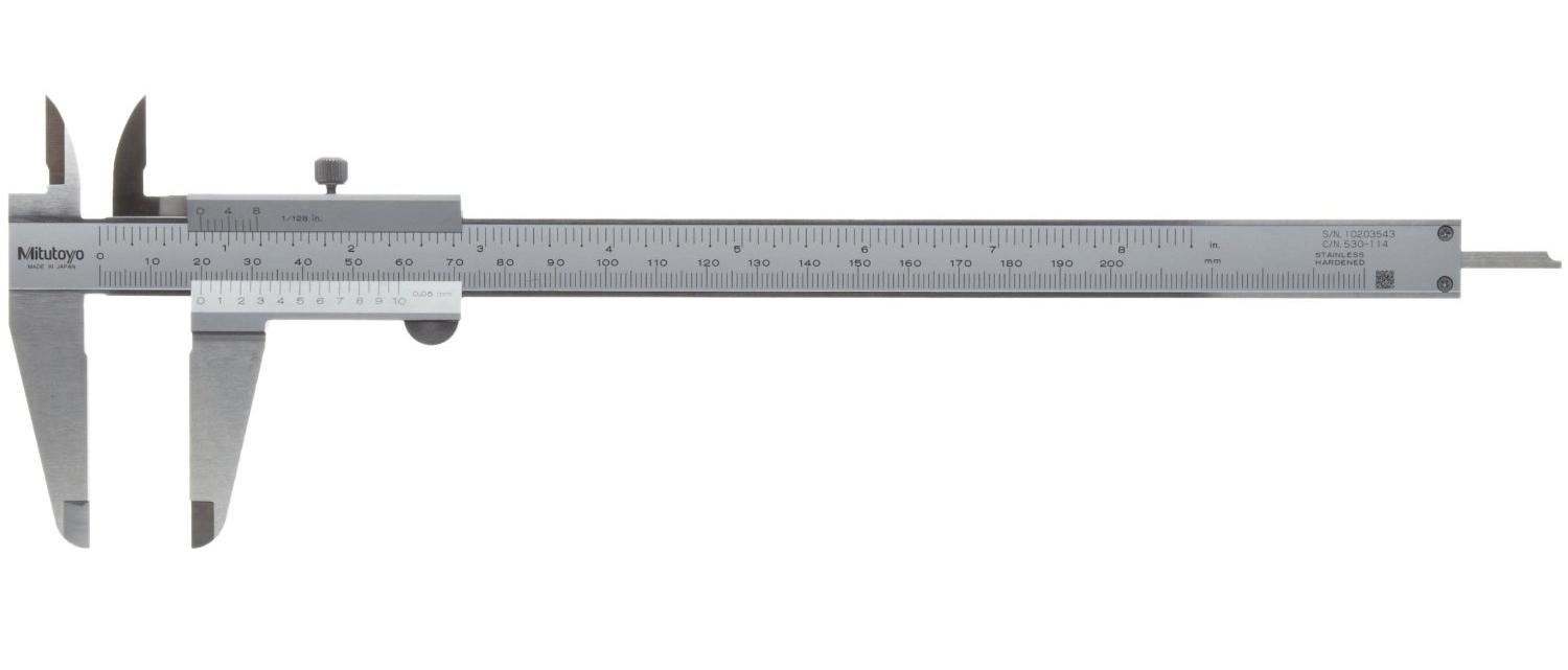 Mitutoyo, 530-114, 0-200mm/0-8 In, Vernier Caliper, 0.05mm and 1/128 In Dual Scale