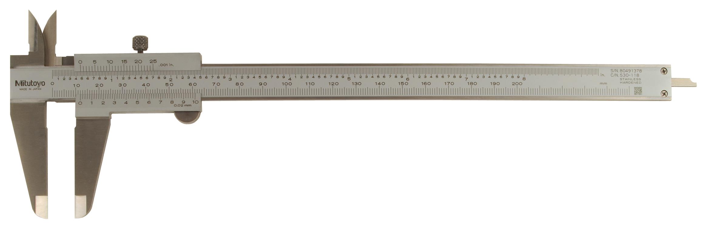 Mitutoyo, 530-118, 0-200mm/0-8 In, 0.02mm/.001 In, Vernier Caliper, High Accuracy, Dual Scale
