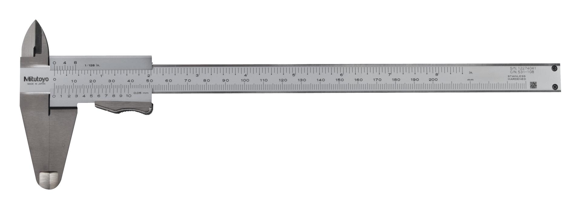 Mitutoyo, 531-108, 0-200mm/0-8 In, .05mm/1/128 In, Vernier Caliper, Thumb Clamp, Dual Scale