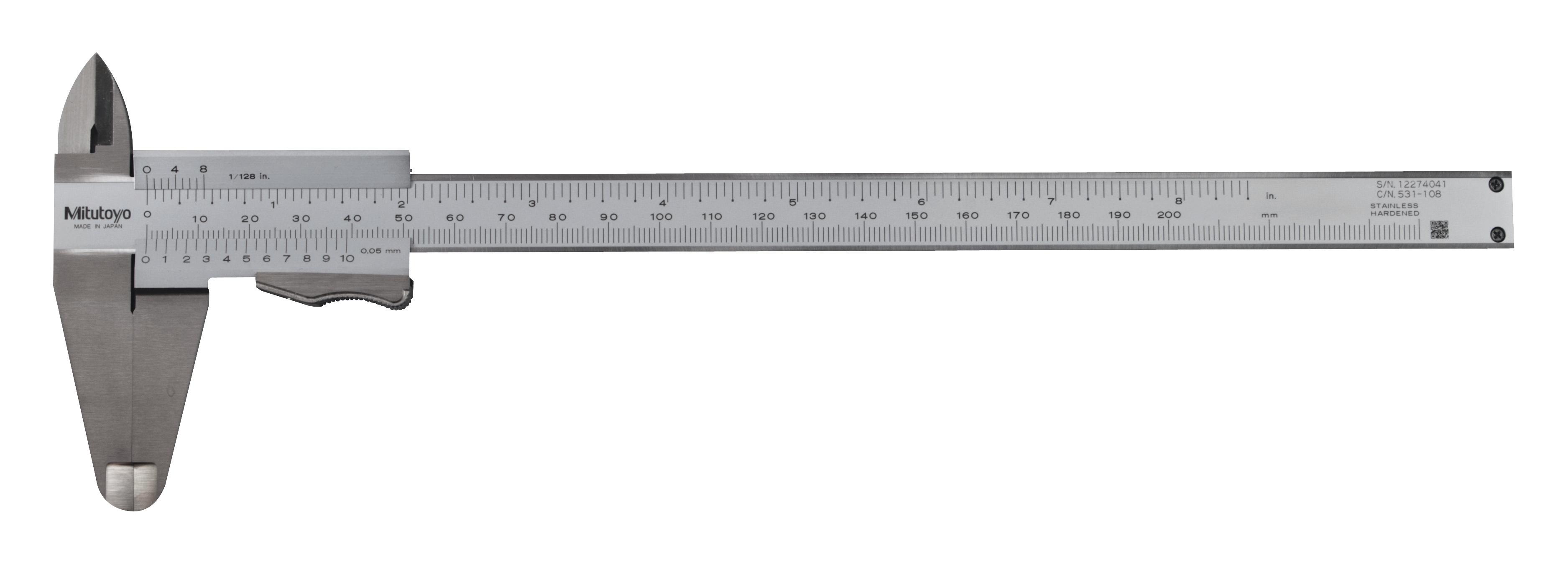 Mitutoyo, 531-108, 0-200mm/0-8 In, .05mm/1/128 In, Vernier Caliper, Thumb Clamp, Dual Scale