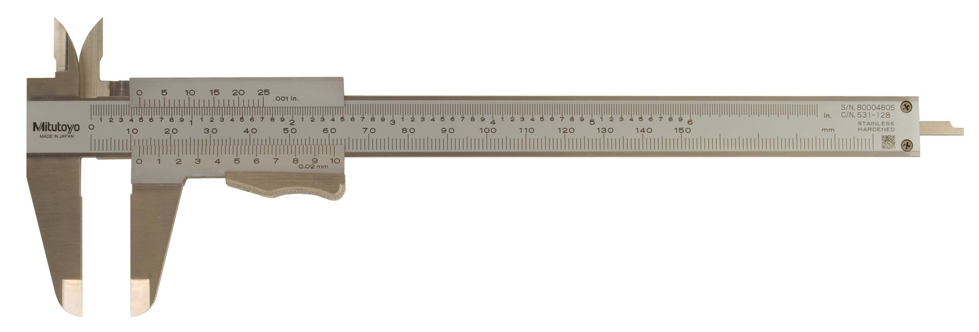 Mitutoyo, 531-128, 0-150mm/0-6 In, .02mm/.001 In, Vernier Caliper, Thumb Clamp, High Accuracy, Dual Scale