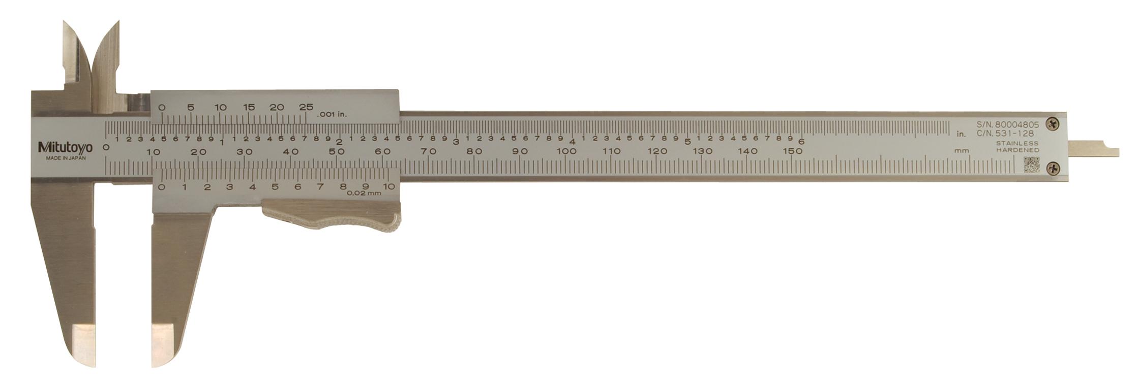 Mitutoyo, 531-128, 0-150mm/0-6 In, .02mm/.001 In, Vernier Caliper, Thumb Clamp, High Accuracy, Dual Scale